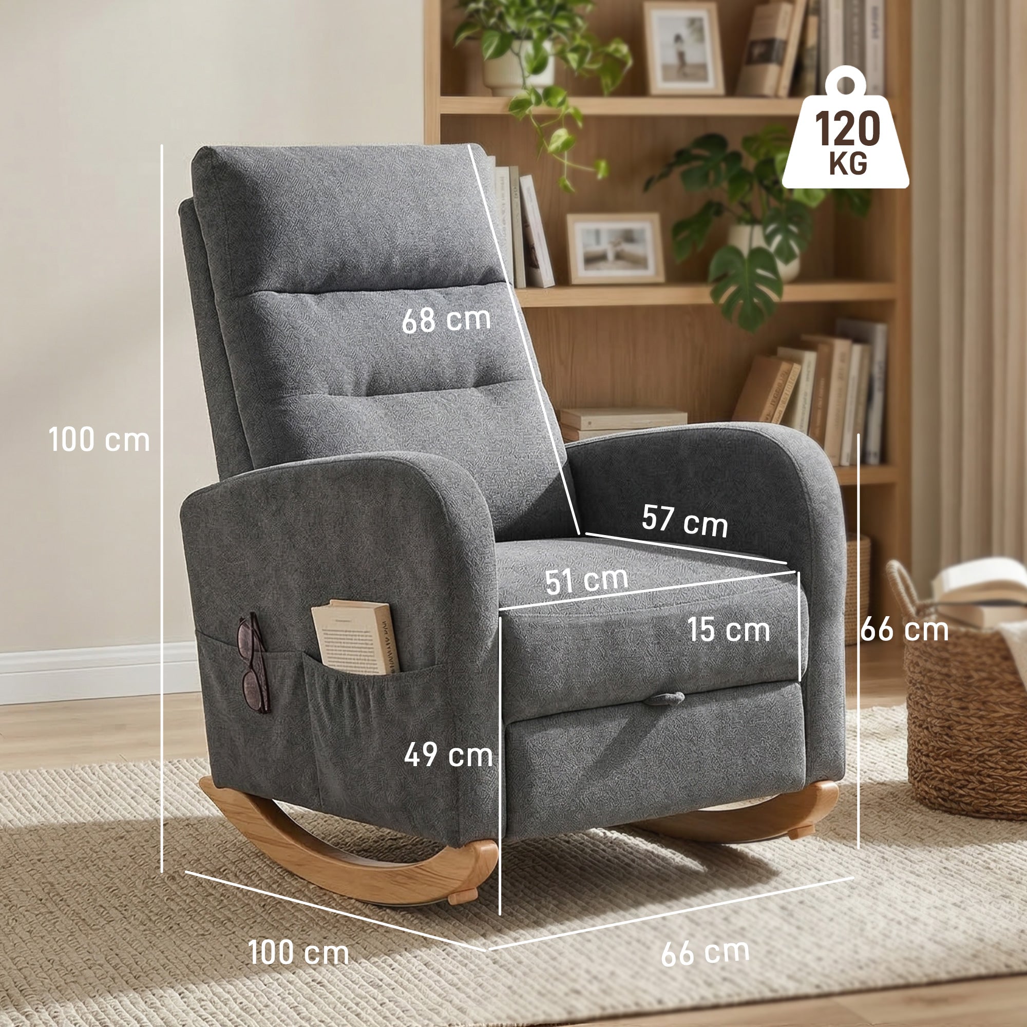 Upholstered Rocking Chair with Retractable Footrest, Modern Armchair with High Back, Plywood Frame and Rubberwood Feet for Living Room, Bedroom, Grey