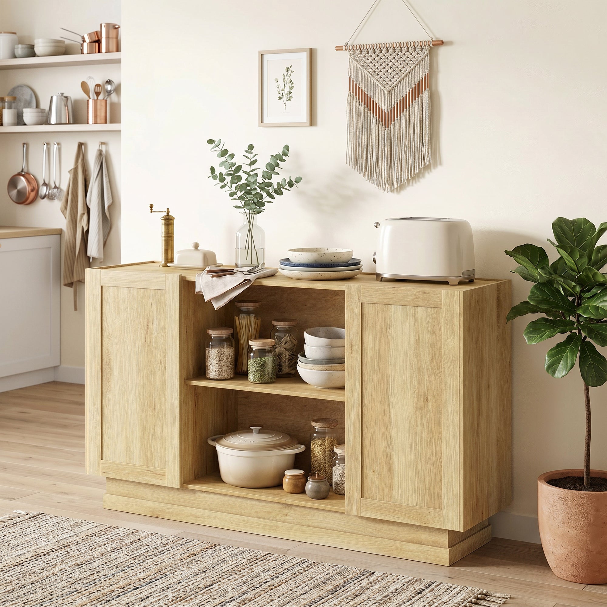 Sideboard Buffet Cabinet, 133 cm Modern Farmhouse Storage Cabinet with 2 Open Shelves, 2 Cupboards and Soft Close Doors for Dining Room, Living Room, Natural Wood Finish