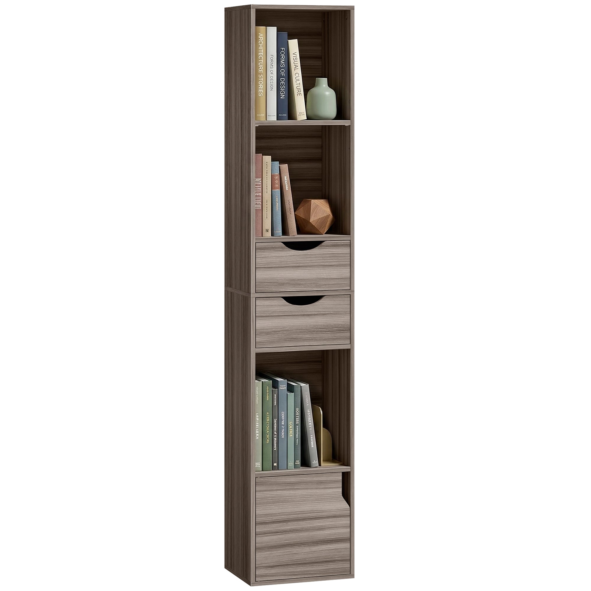 158 cm Bookcase with Drawers, 3-Tier Bookshelf, Slim Storage Cabinet with Doors, Adjustable Shelf for Living Room, Bedroom, Home Office, Grey