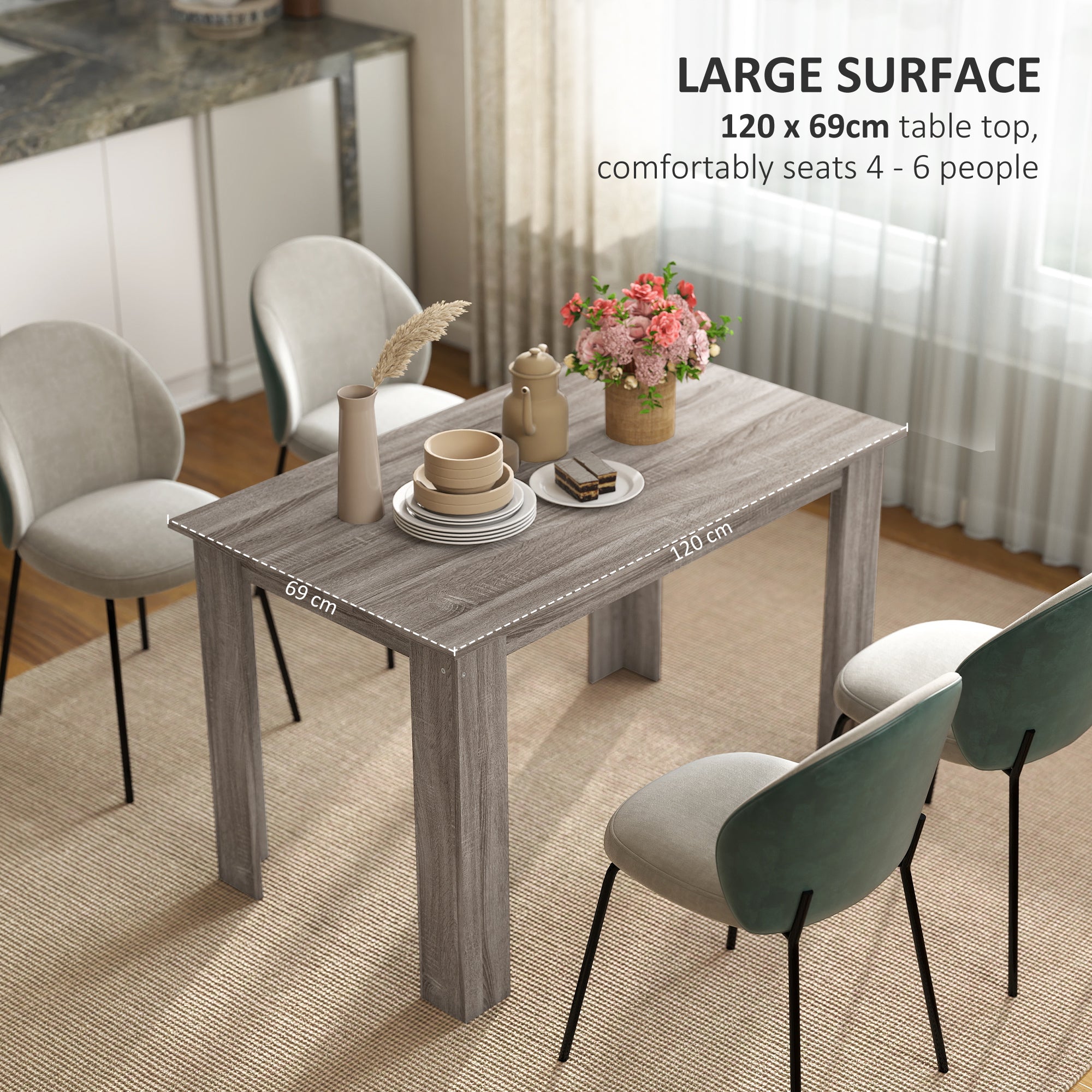47" Dining Table for 4-6 People, Mid-Century Modern Rectangular Kitchen Table with Wood Effect for Dining Room, Living Room, Light Gray