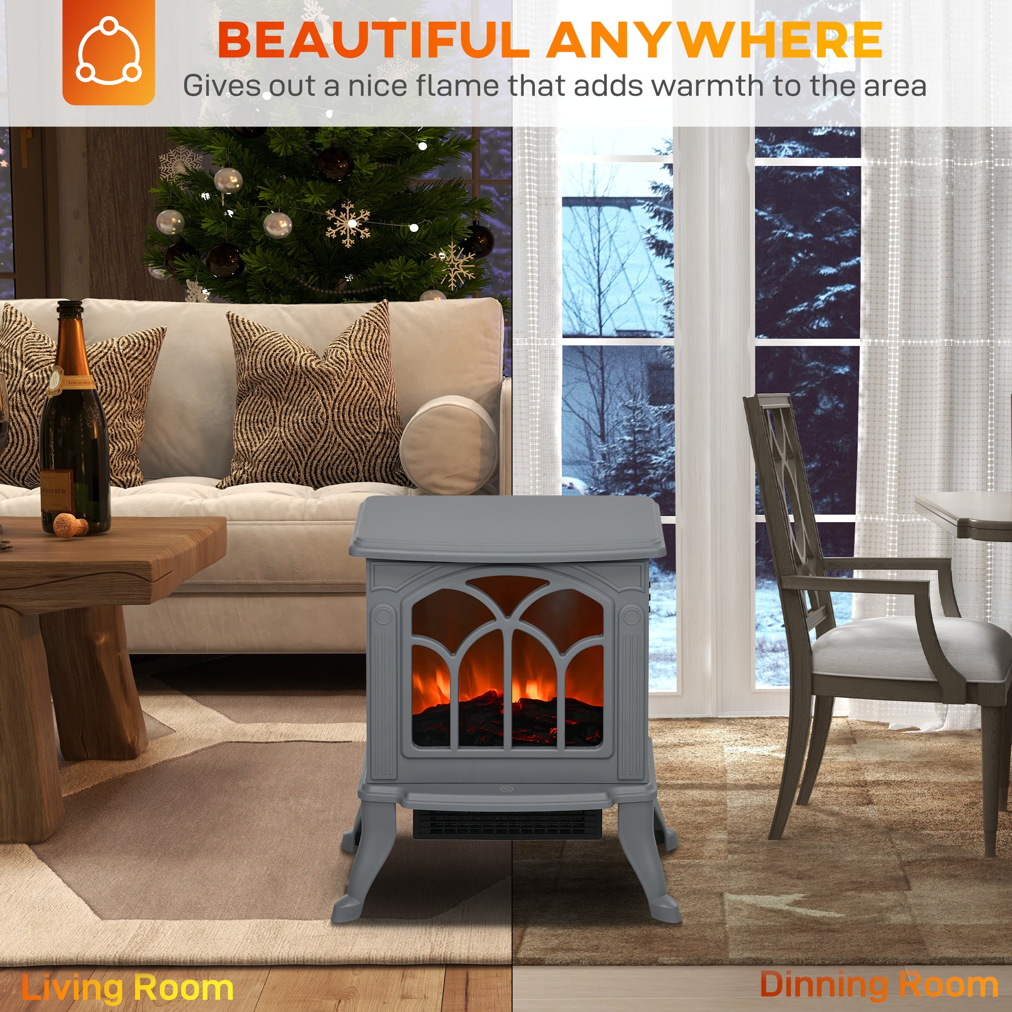 Modern Portable Electric Fireplace Stove Heater with Adjustable LED Flame, Gray