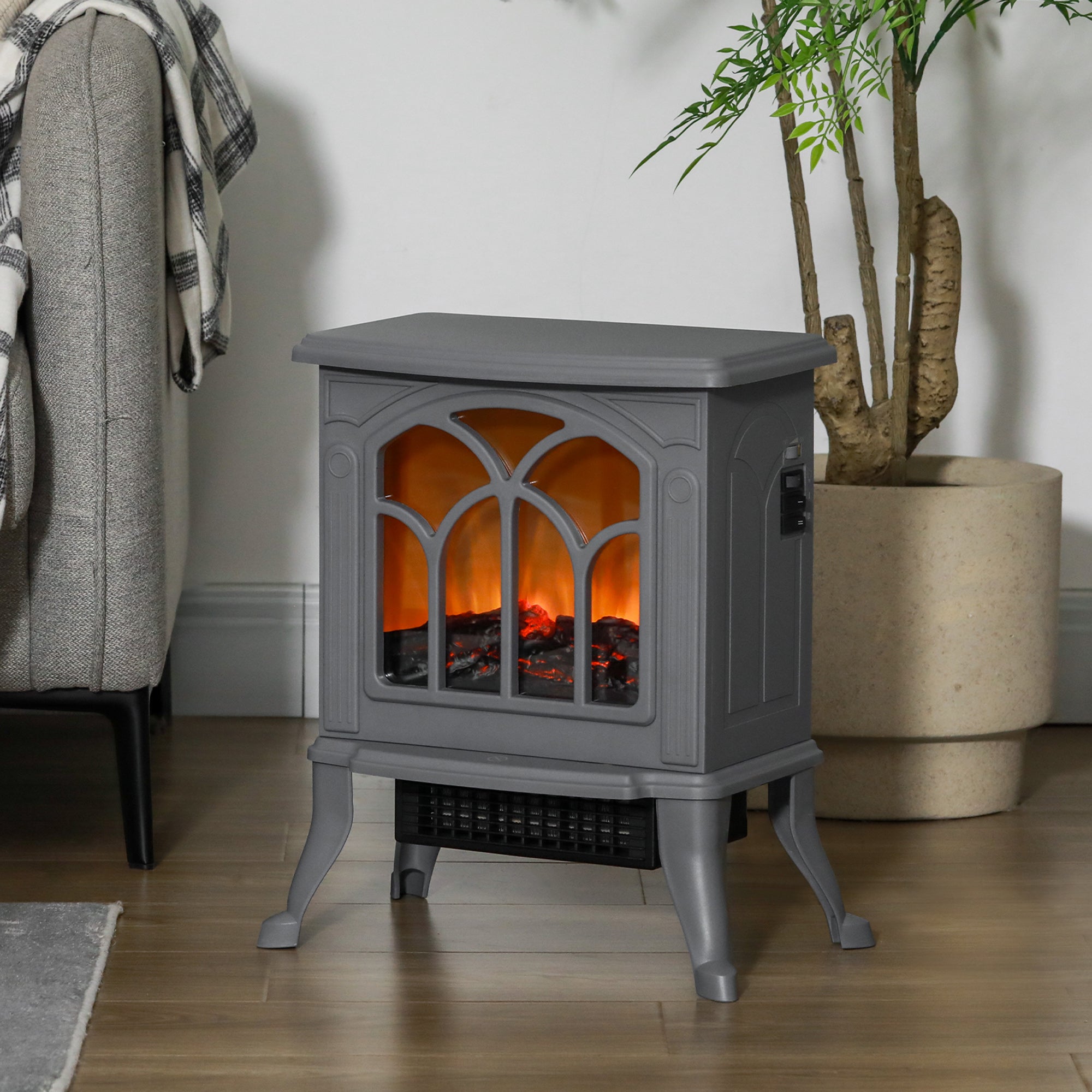 Modern Portable Electric Fireplace Stove Heater with Adjustable LED Flame, Gray