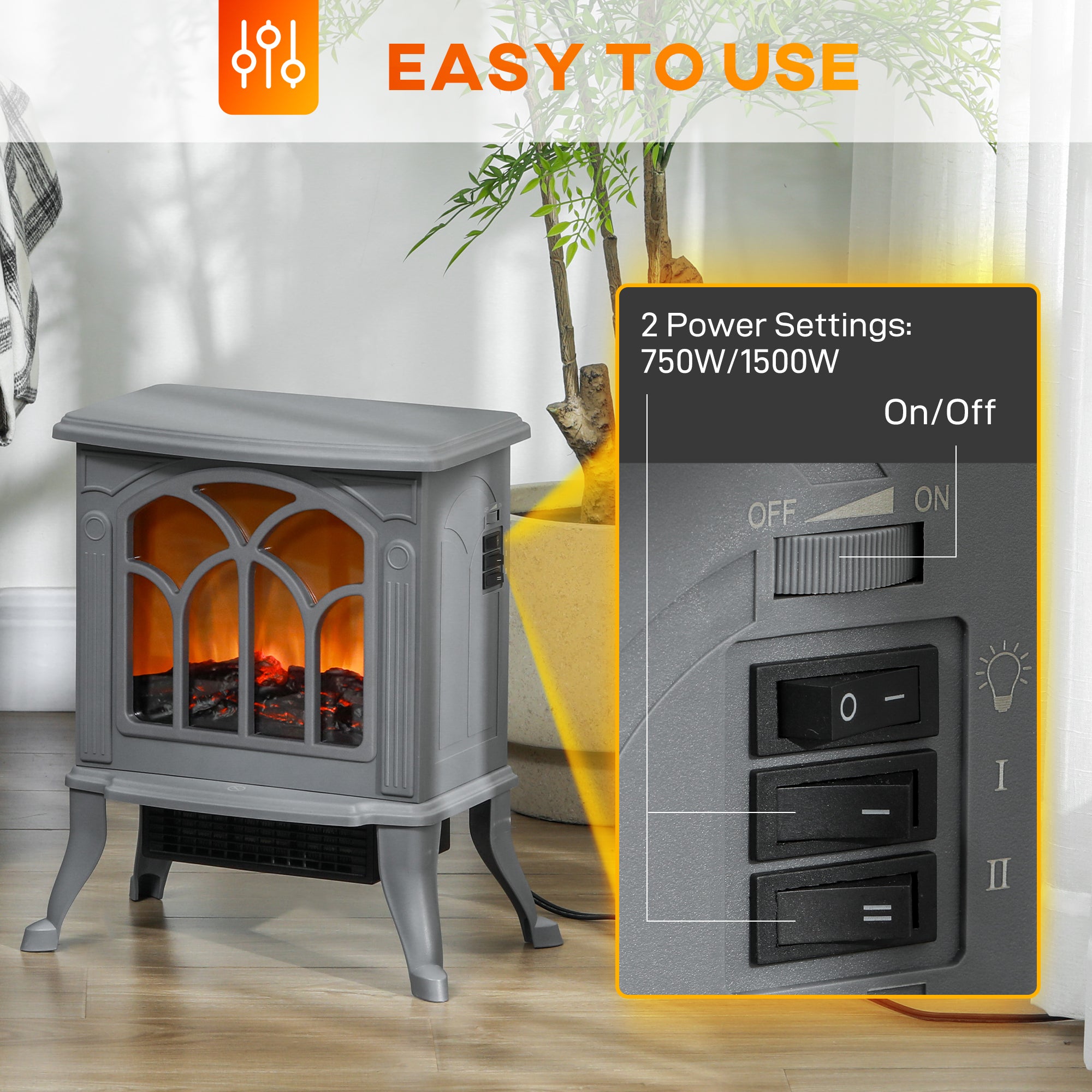 Modern Portable Electric Fireplace Stove Heater with Adjustable LED Flame, Gray