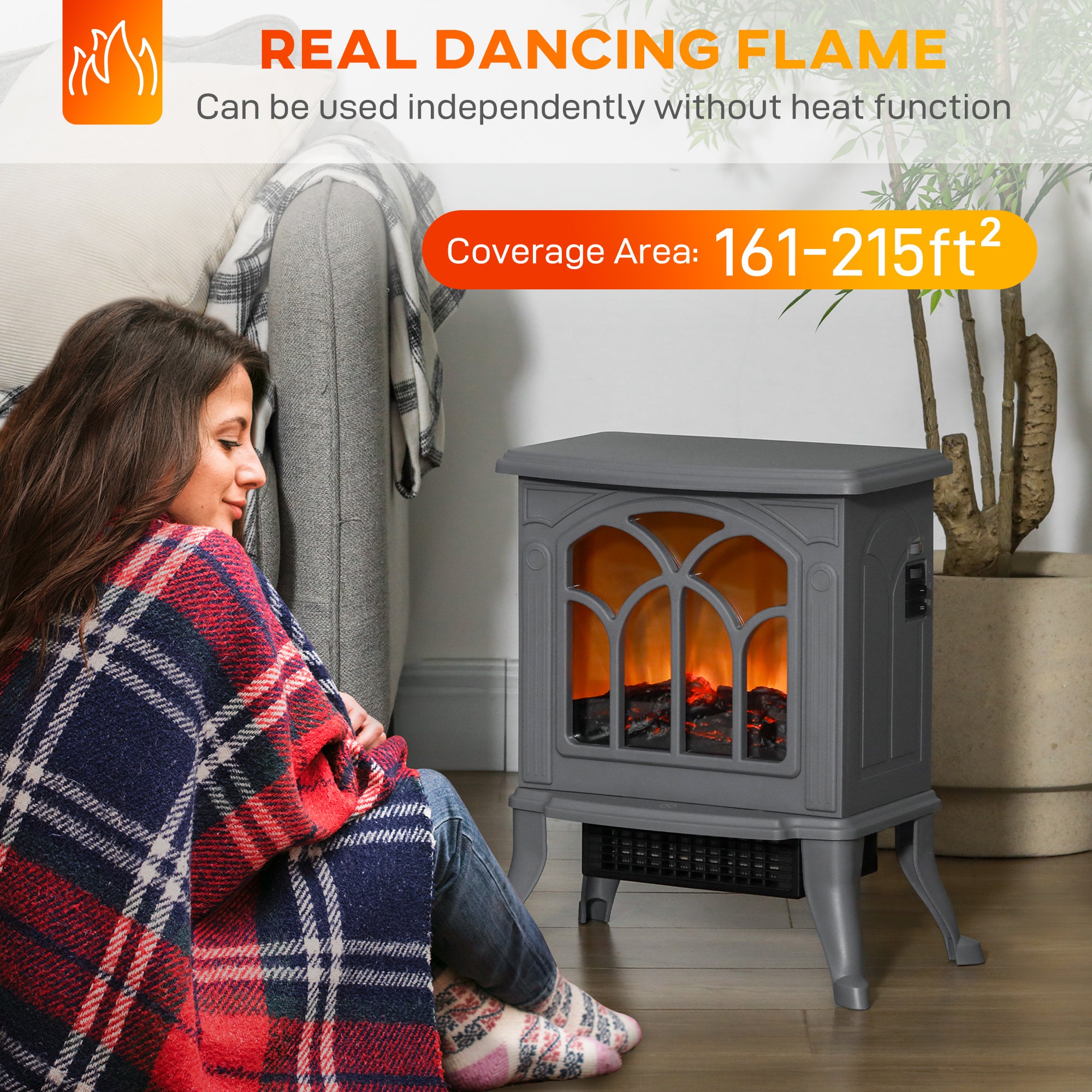 Modern Portable Electric Fireplace Stove Heater with Adjustable LED Flame, Gray