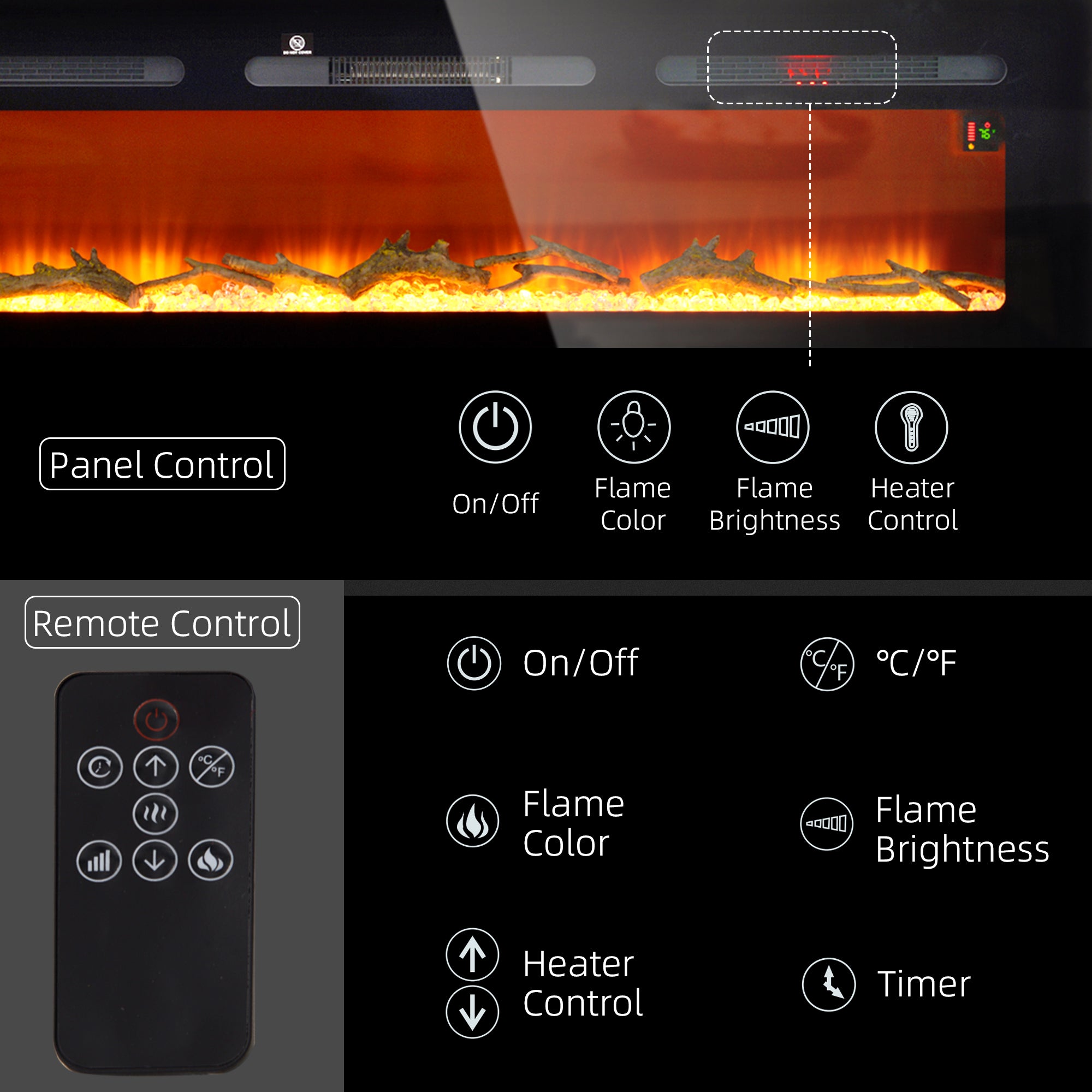 60" Electric Fireplace Heater with Remote Control, Adjustable Color & Brightness, Black