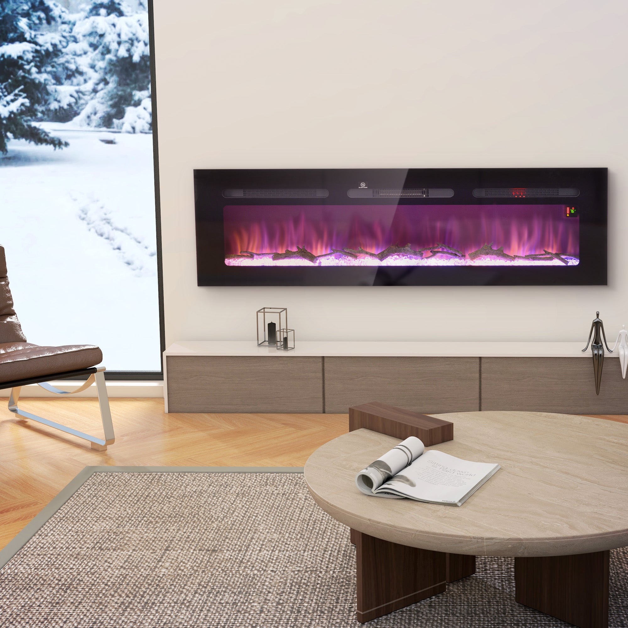 60" Electric Fireplace Heater with Remote Control, Adjustable Color & Brightness, Black