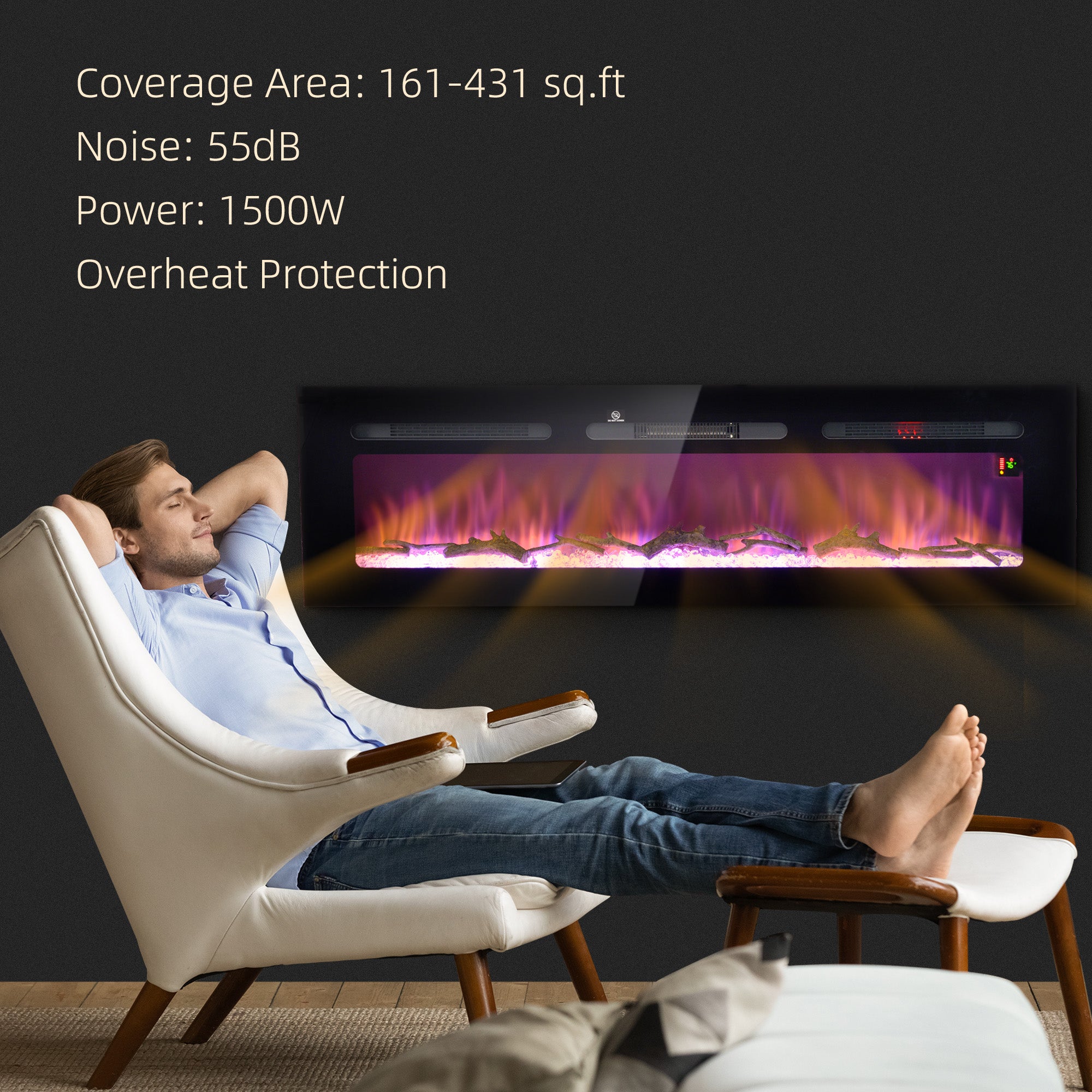60" Electric Fireplace Heater with Remote Control, Adjustable Color & Brightness, Black