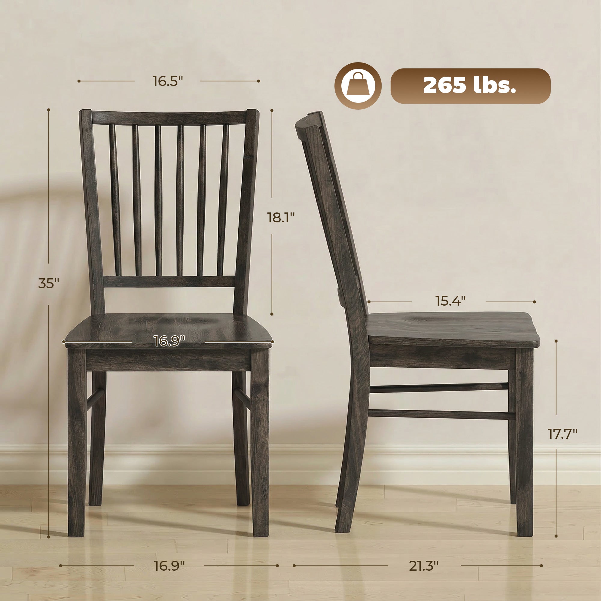 Farmhouse Dining Chairs Set of 2, Ergonomic Solid Wood Armless Kitchen Chairs with Rubberwood Legs for Dining Room, Kitchen, Charcoal Gray