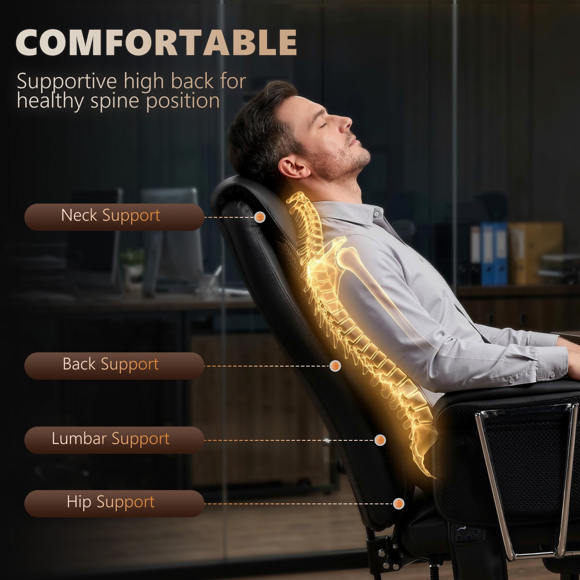 Massage Office Chair with 6-Point Vibration, Overstuffed Reclining Desk Chair with High Back, PU Leather, Footrest, Thick Spring Cushion, Lumbar Support, Adjustable Height, Swivel Wheels, Black