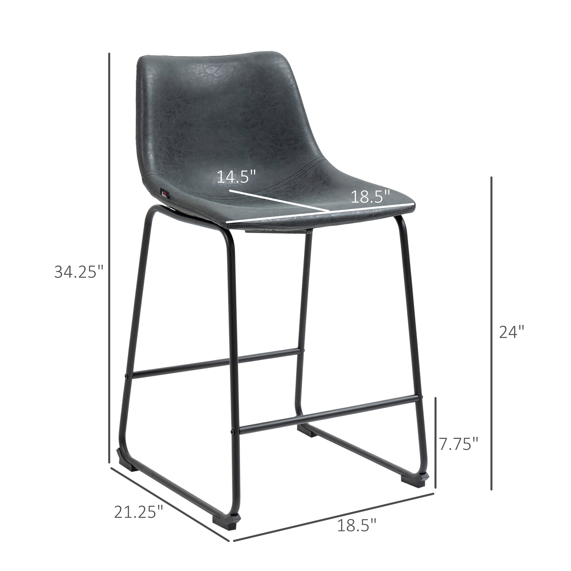 Counter Height Bar Stools Set of 2, Vintage PU Leather Barstools with Footrest, Black