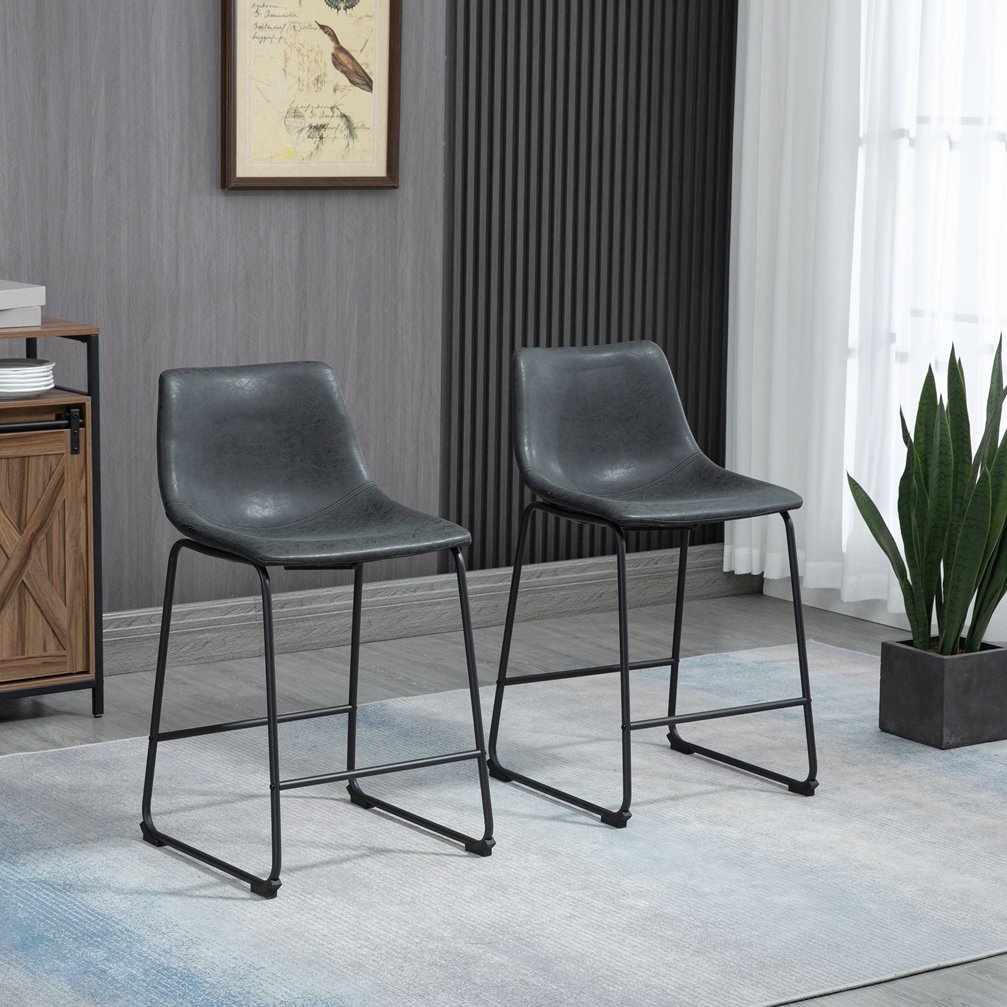 HOMCOM Counter Height Bar Stools Set of 2, Vintage PU Leather Bar Chairs, Kitchen Stools with Footrest for Home Bar, Black