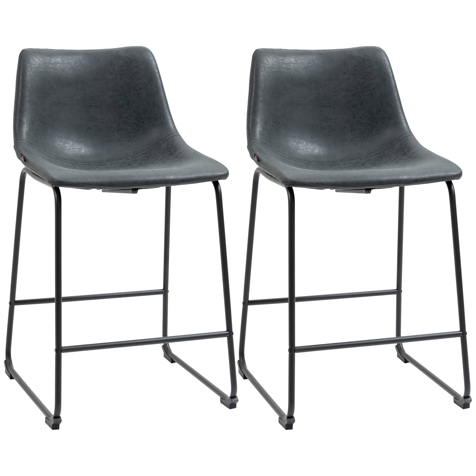 Counter Height Bar Stools Set of 2, Vintage PU Leather Barstools with Footrest, Black