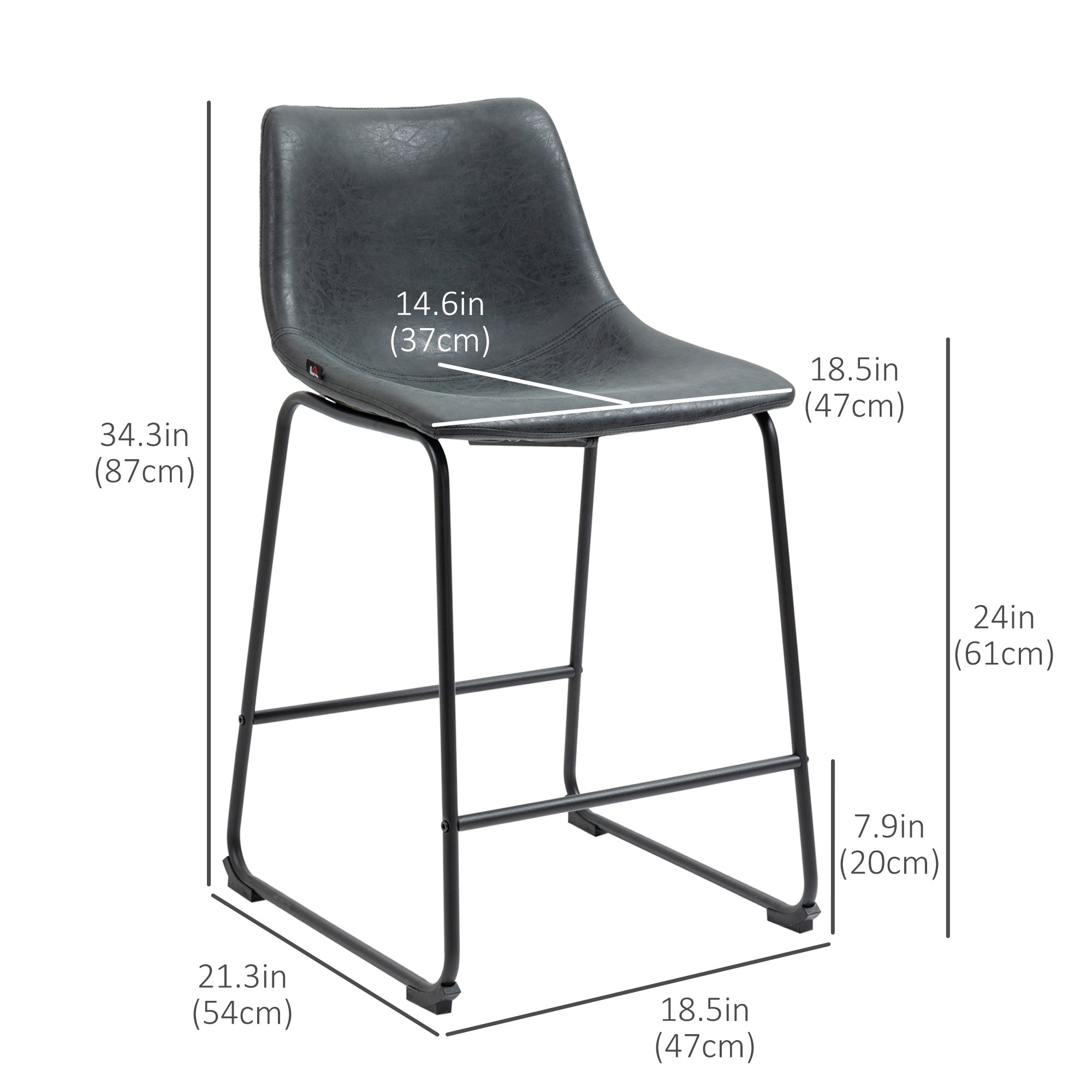 HOMCOM Counter Height Bar Stools Set of 2, Vintage PU Leather Bar Chairs, Kitchen Stools with Footrest for Home Bar, Black