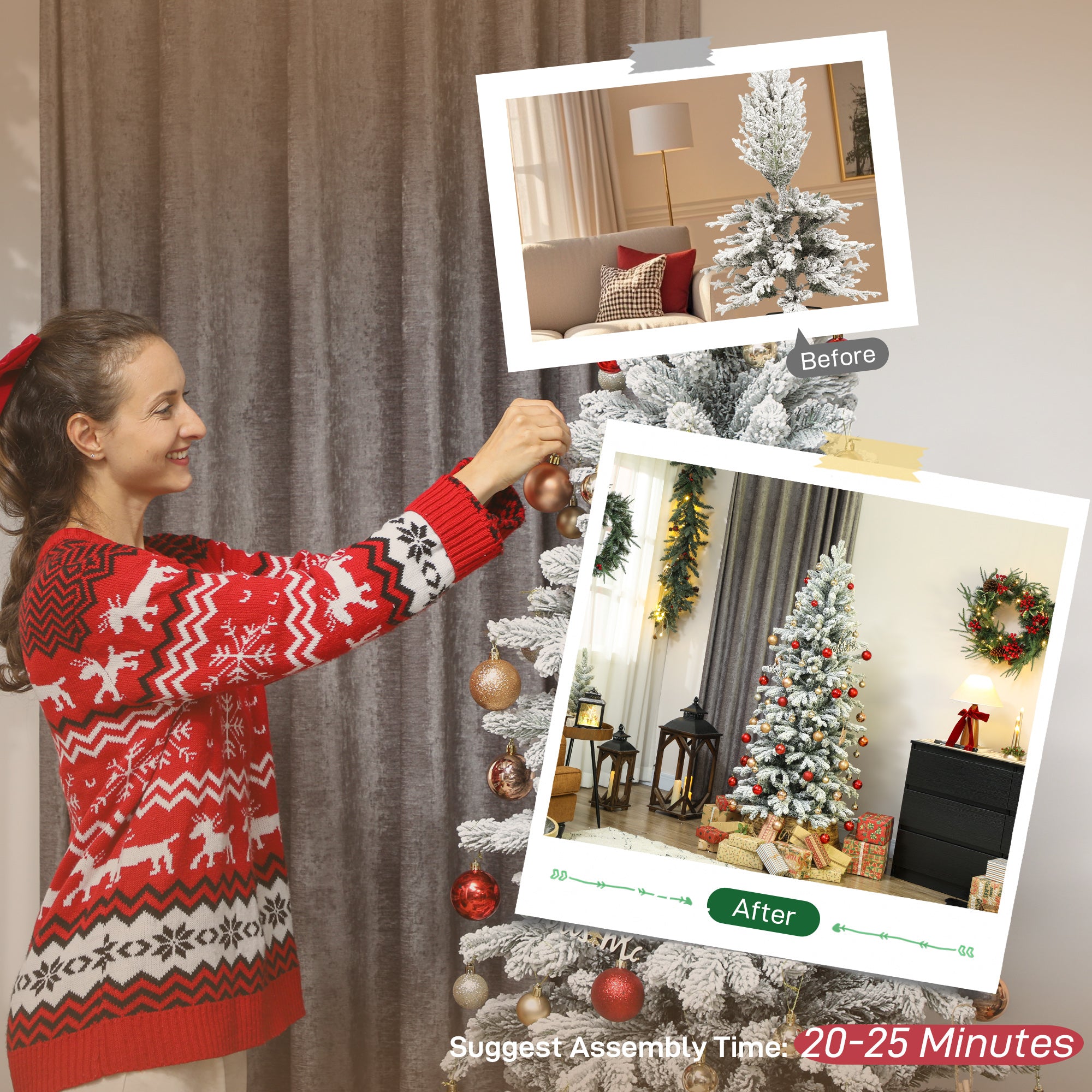 6ft Flocked Christmas Tree, Hinged Pencil Christmas Tree with 756 Tips, Realistic Branches, Easy Assembly, Slim Shape, Artificial Xmas Home Decoration, Green White