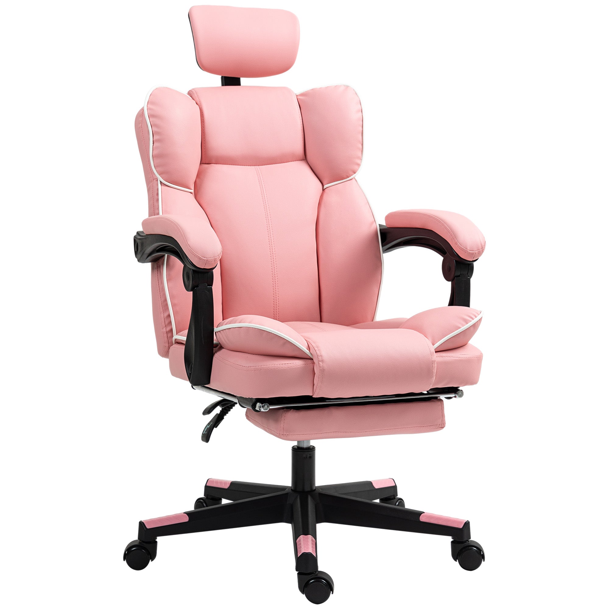 HOMCOM Executive Office Chair, High Back Desk Chair with Headrest, Swivel Wheels, Foot Rest, Overstuffed Reclining PU Leather Computer Chair for Home, Pink