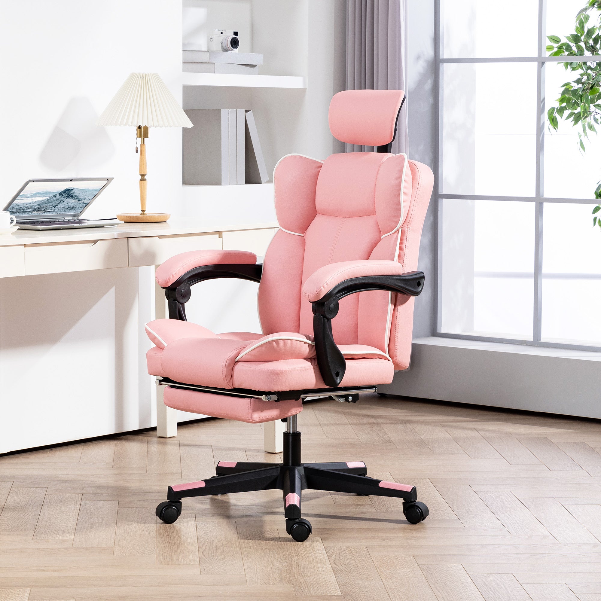 HOMCOM Executive Office Chair, High Back Desk Chair with Headrest, Swivel Wheels, Foot Rest, Overstuffed Reclining PU Leather Computer Chair for Home, Pink