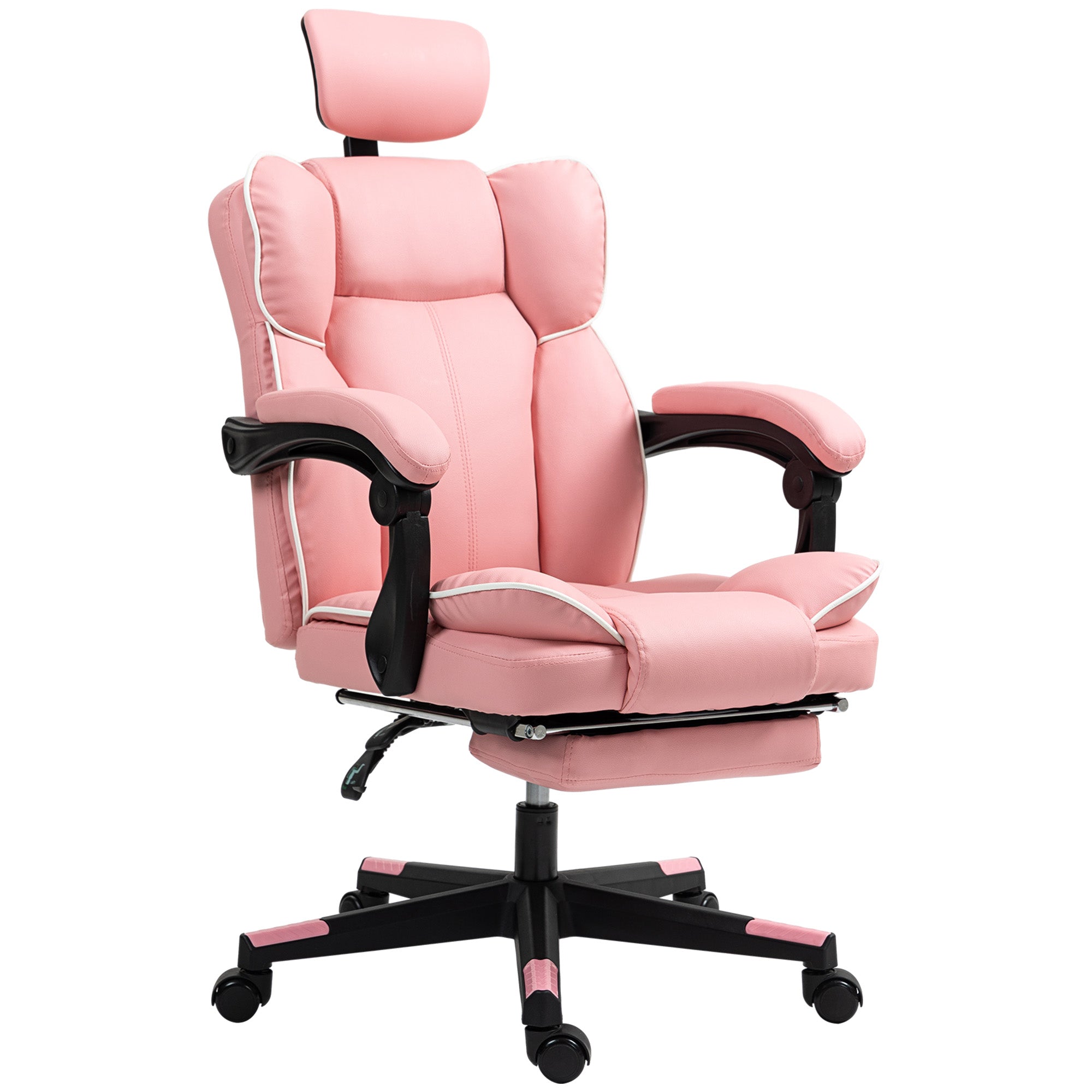 HOMCOM Executive Office Chair, High Back Desk Chair with Headrest, Swivel Wheels, Foot Rest, Overstuffed Reclining PU Leather Computer Chair for Home, Pink