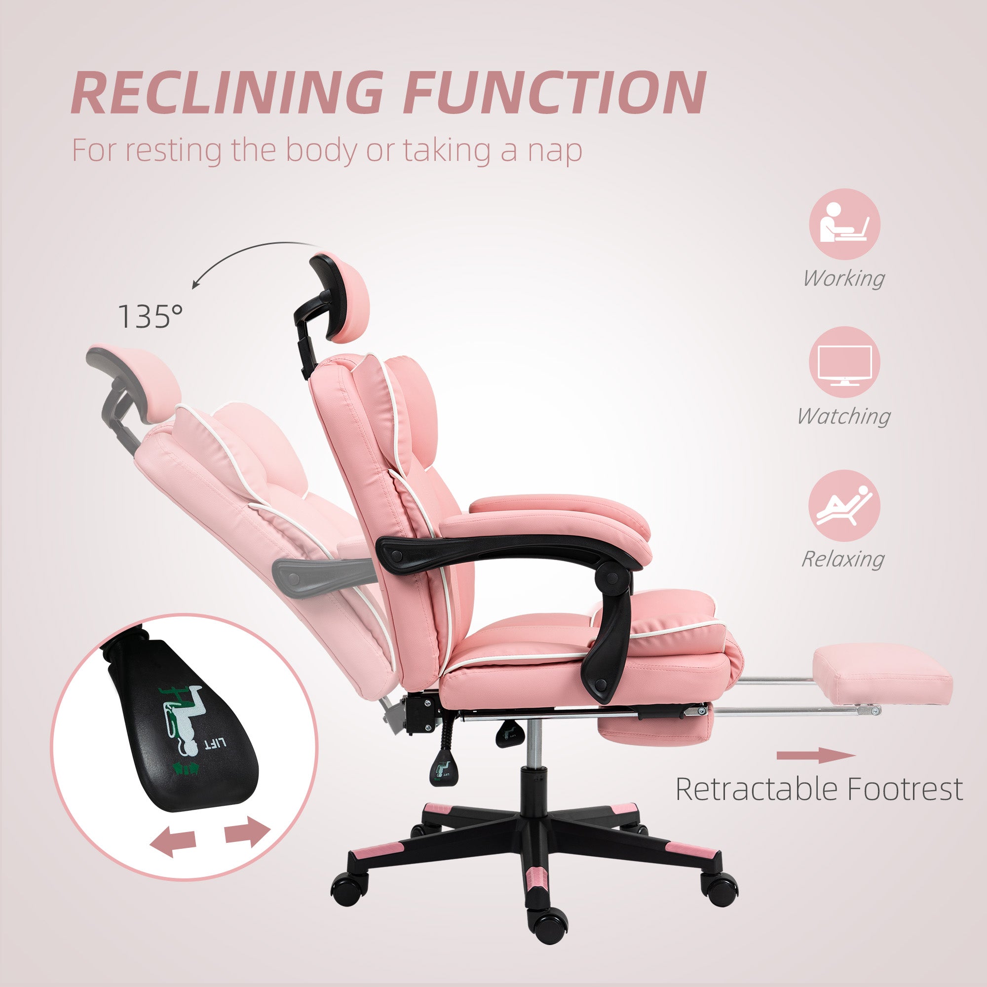 HOMCOM Executive Office Chair, High Back Desk Chair with Headrest, Swivel Wheels, Foot Rest, Overstuffed Reclining PU Leather Computer Chair for Home, Pink