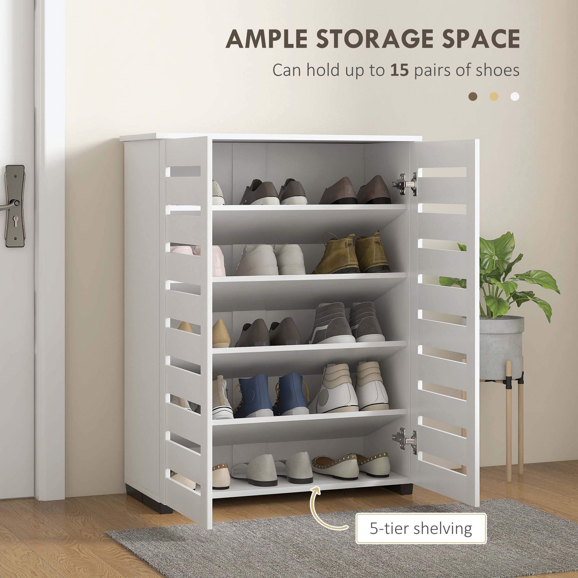Narrow Shoe Cabinet for Entryway, 5-Tier Slim Shoe Storage Cabinet with 2 Slatted Doors and Adjustable Shelves for 15 Pairs, White