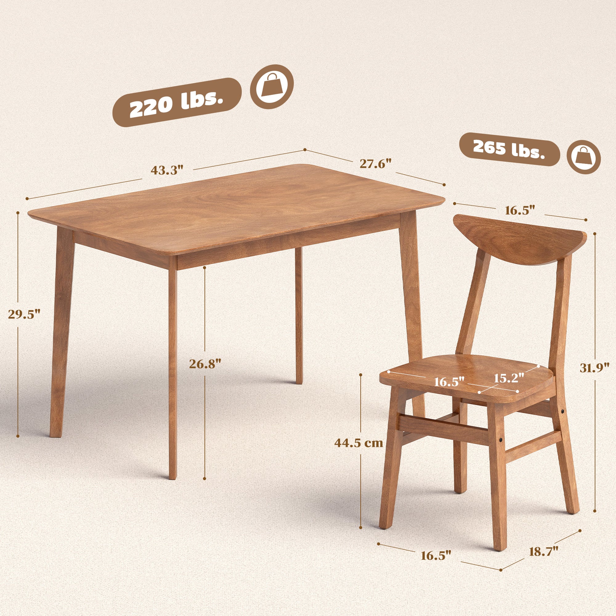 5-Piece Solid Wood Dining Table Set for 4, Farmhouse Kitchen Table and Chairs for Small Space, Dining Room, Breakfast Nook, Walnut