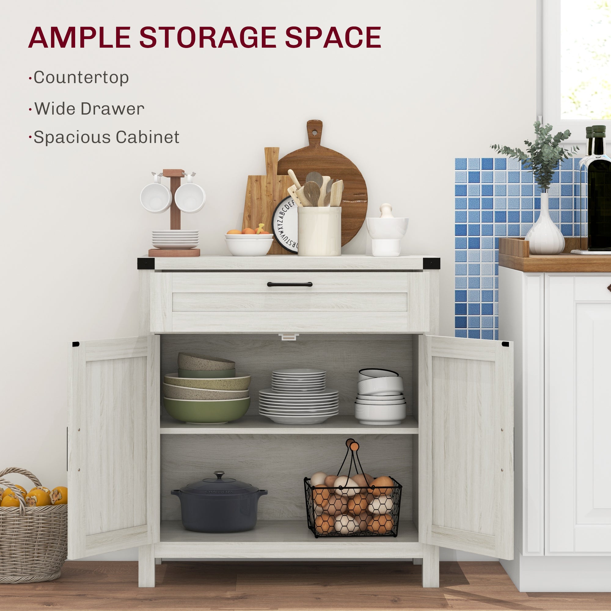 Sideboard with Storage, Buffet Cabinet, 2 Barn Doors & Drawer for Dining Room, White Oak - HOMCOM