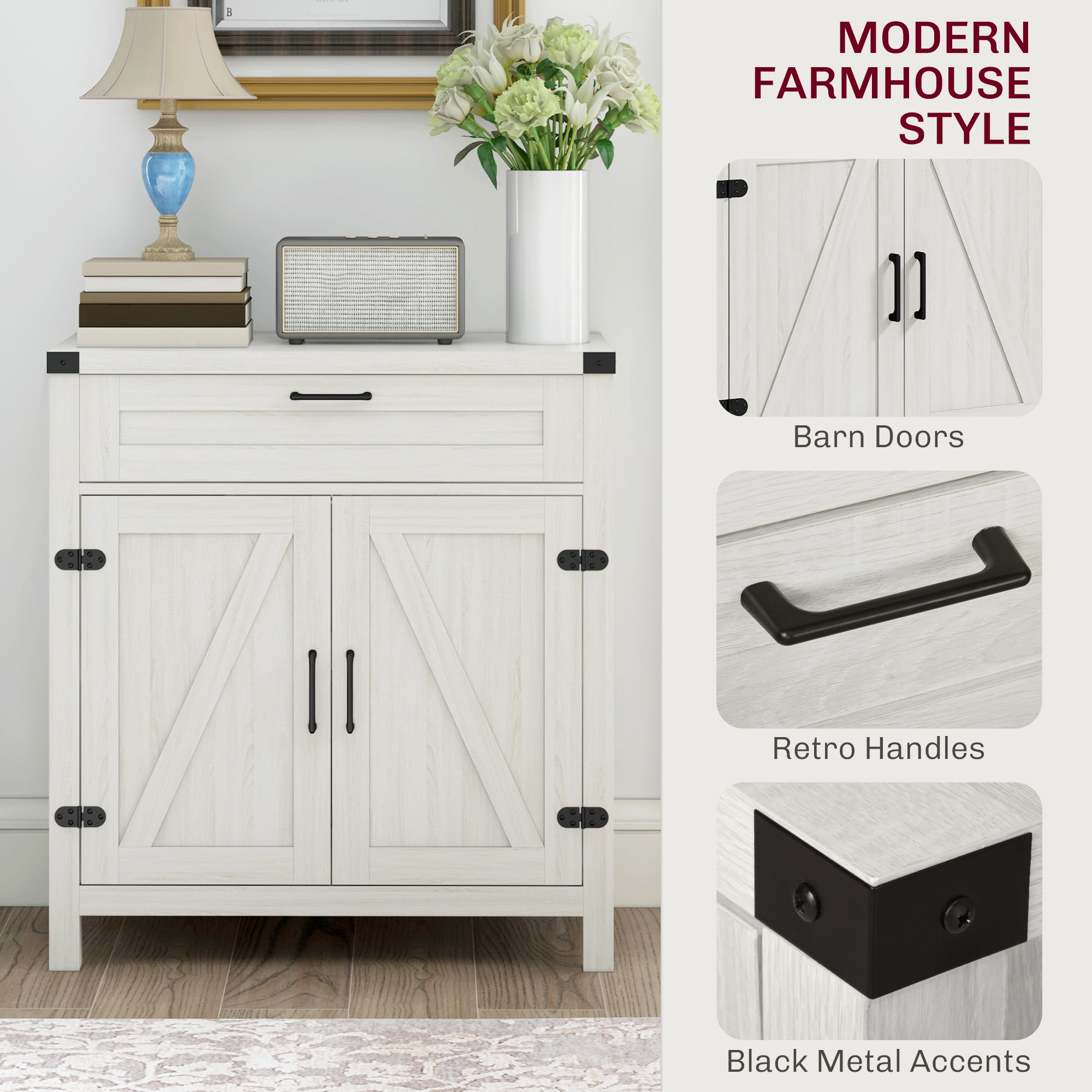 Sideboard with Storage, Buffet Cabinet, 2 Barn Doors & Drawer for Dining Room, White Oak - HOMCOM