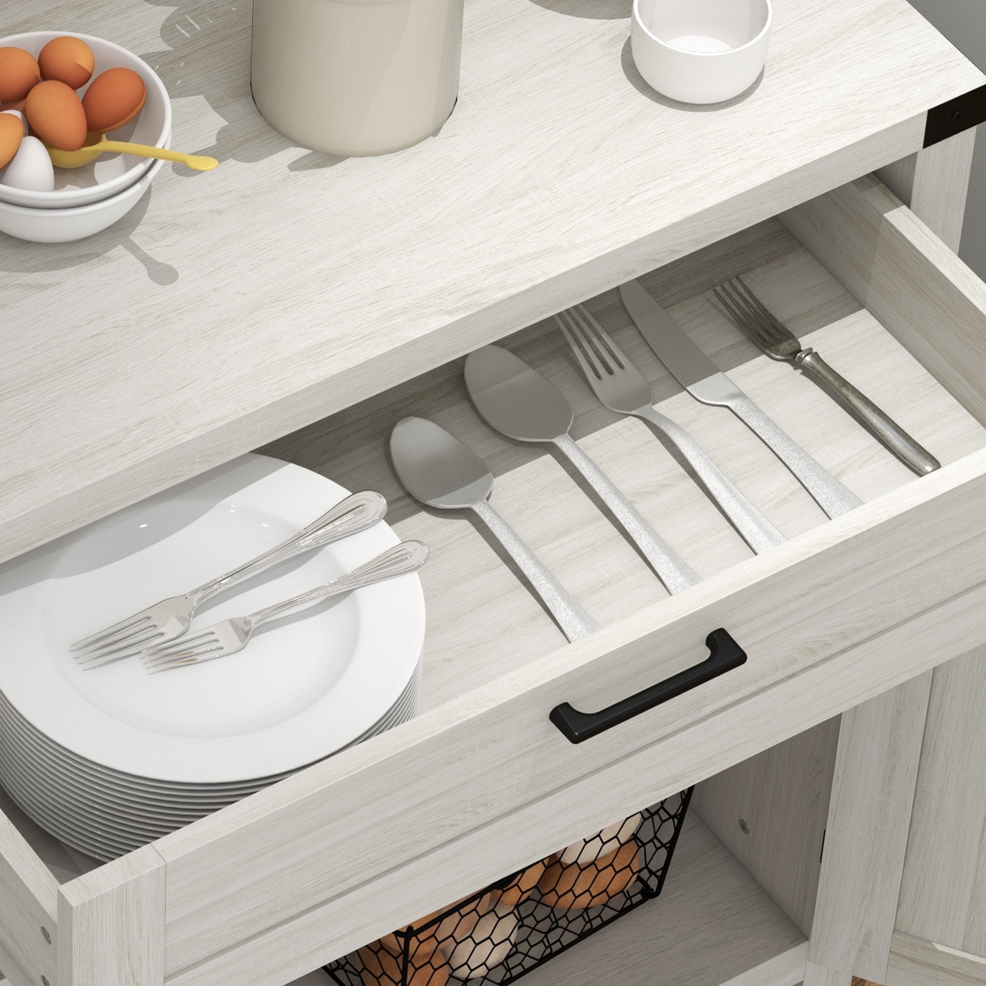 Sideboard with Storage, Buffet Cabinet, 2 Barn Doors & Drawer for Dining Room, White Oak - HOMCOM