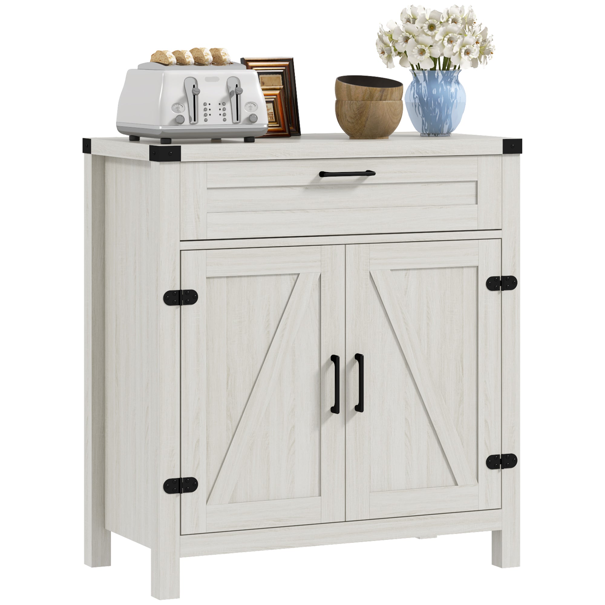 Sideboard with Storage, Buffet Cabinet, 2 Barn Doors & Drawer for Dining Room, White Oak
