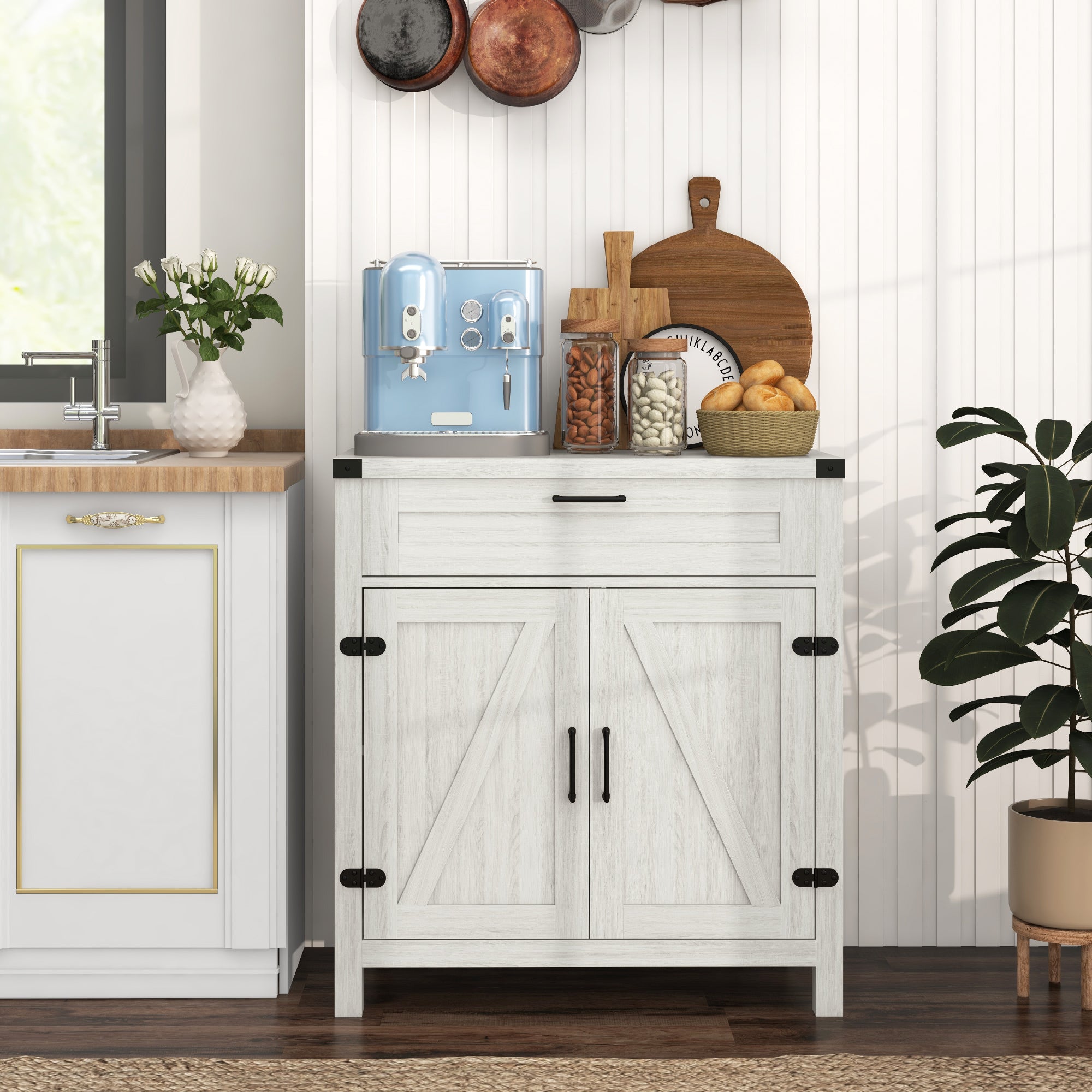 Sideboard with Storage, Buffet Cabinet, 2 Barn Doors & Drawer for Dining Room, White Oak - HOMCOM
