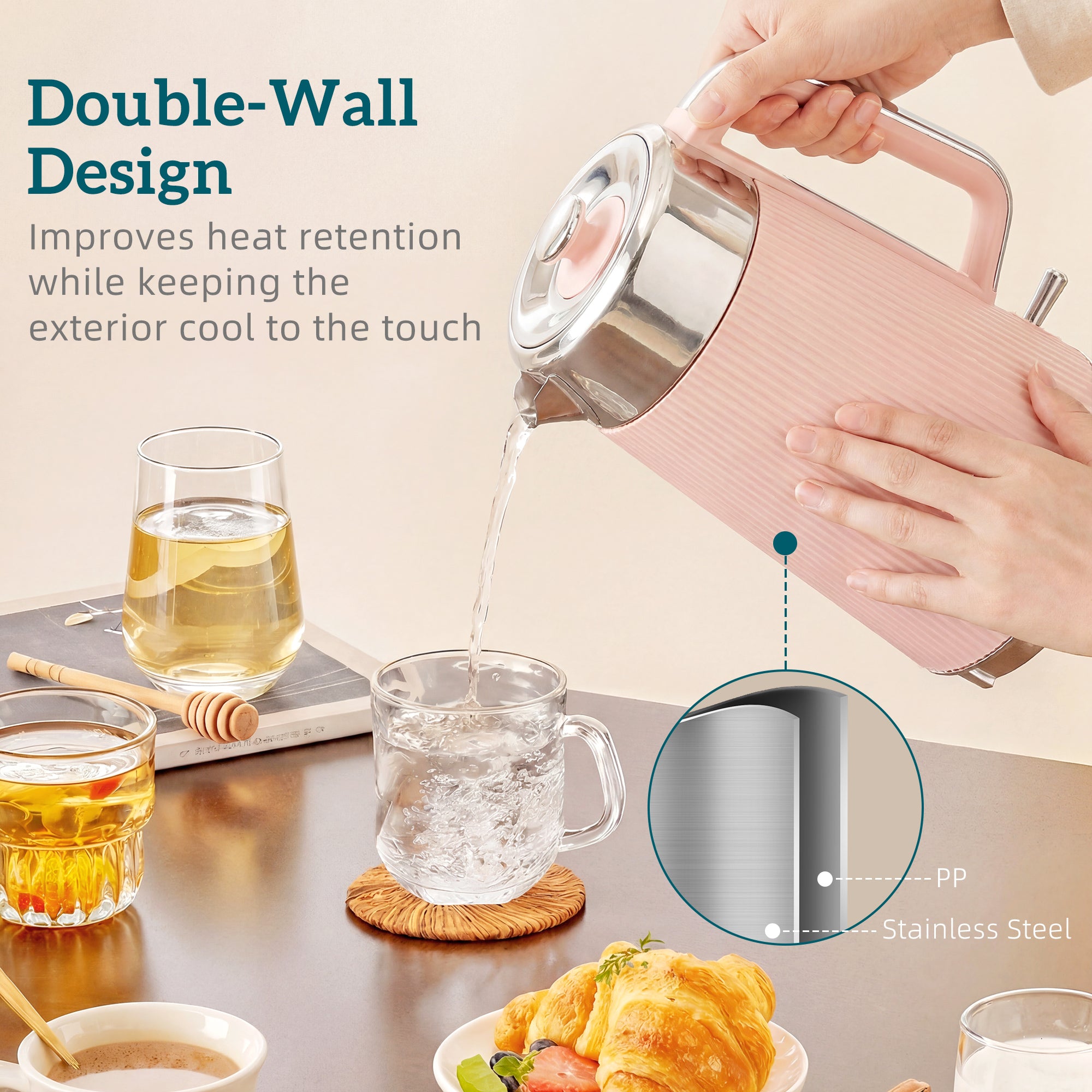 Electric Stainless Steel Kettle and Toaster Set, 3000W 1.7L UK Strix Thermostat Fast Boil Kettle w/ Limescale Filter, Cool Touch Body, 4 Slice Toaster with 7 Browning Levels, Crumb Tray, Pink