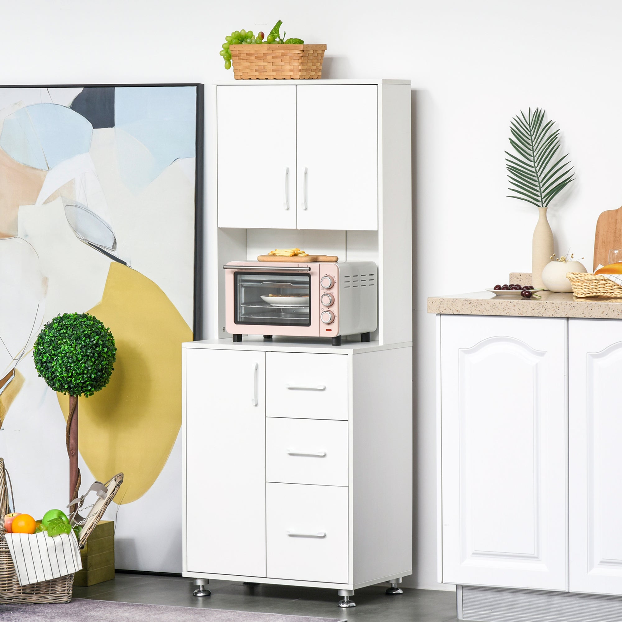 Modern Kitchen Cupboard with Storage Cabinets, 3 Drawers and Open Countertop for Living Room, White