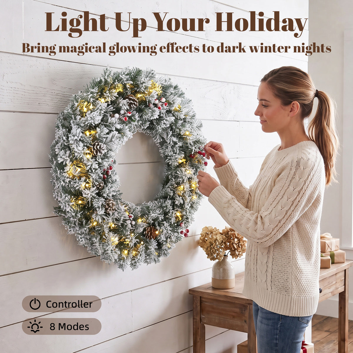 24 Inch Pre-Lit Christmas Wreath for Front Door with LED Lights, Pine Cones and Berries, Flocked Winter Wreath for Windows, Wall Decoration, Green