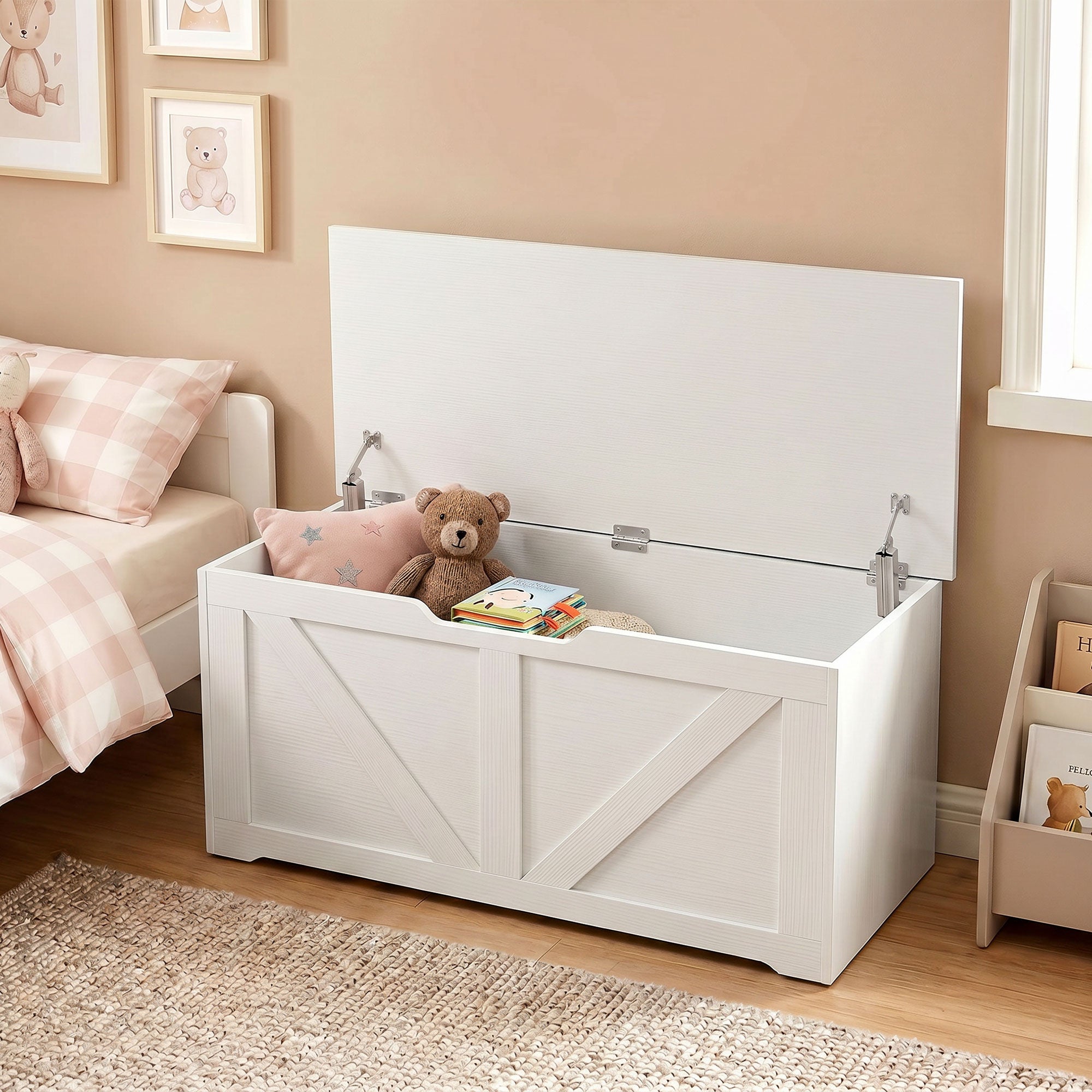 127L Storage Chest, Shoe Storage Trunk Bench Box with 2 Safety Hinges and U-shaped Cut-out Pull, Blanket Box Ottoman for Bedroom, Living Room, Entryway, 100 x 40 x 45 cm, White Wood-Effect