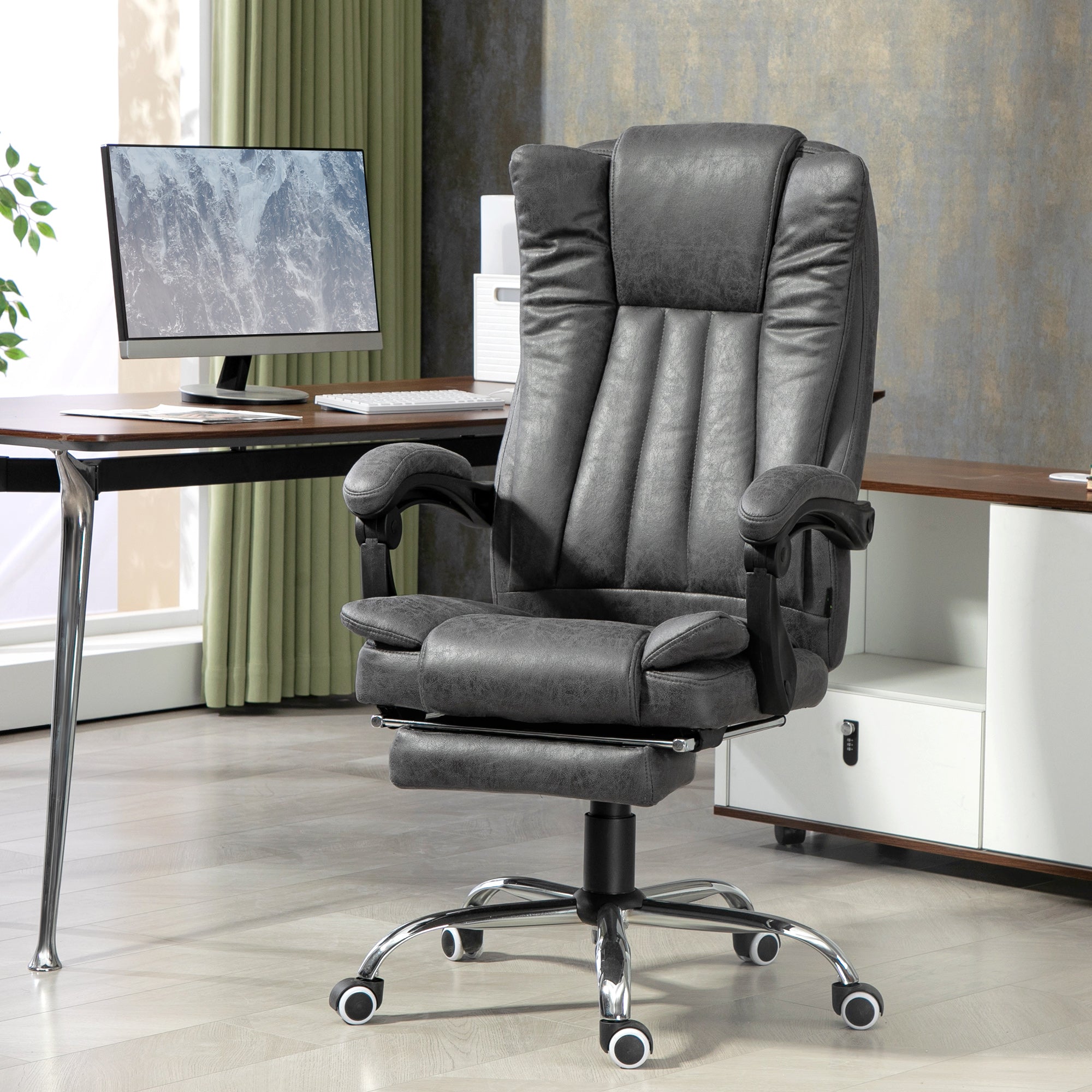 Vinsetto Office Chair with Massage and Heat, Microfibre Reclining Computer Desk Chair with Footrest and Adjustable Height, Swivel Wheels for Home Office, Charcoal Grey