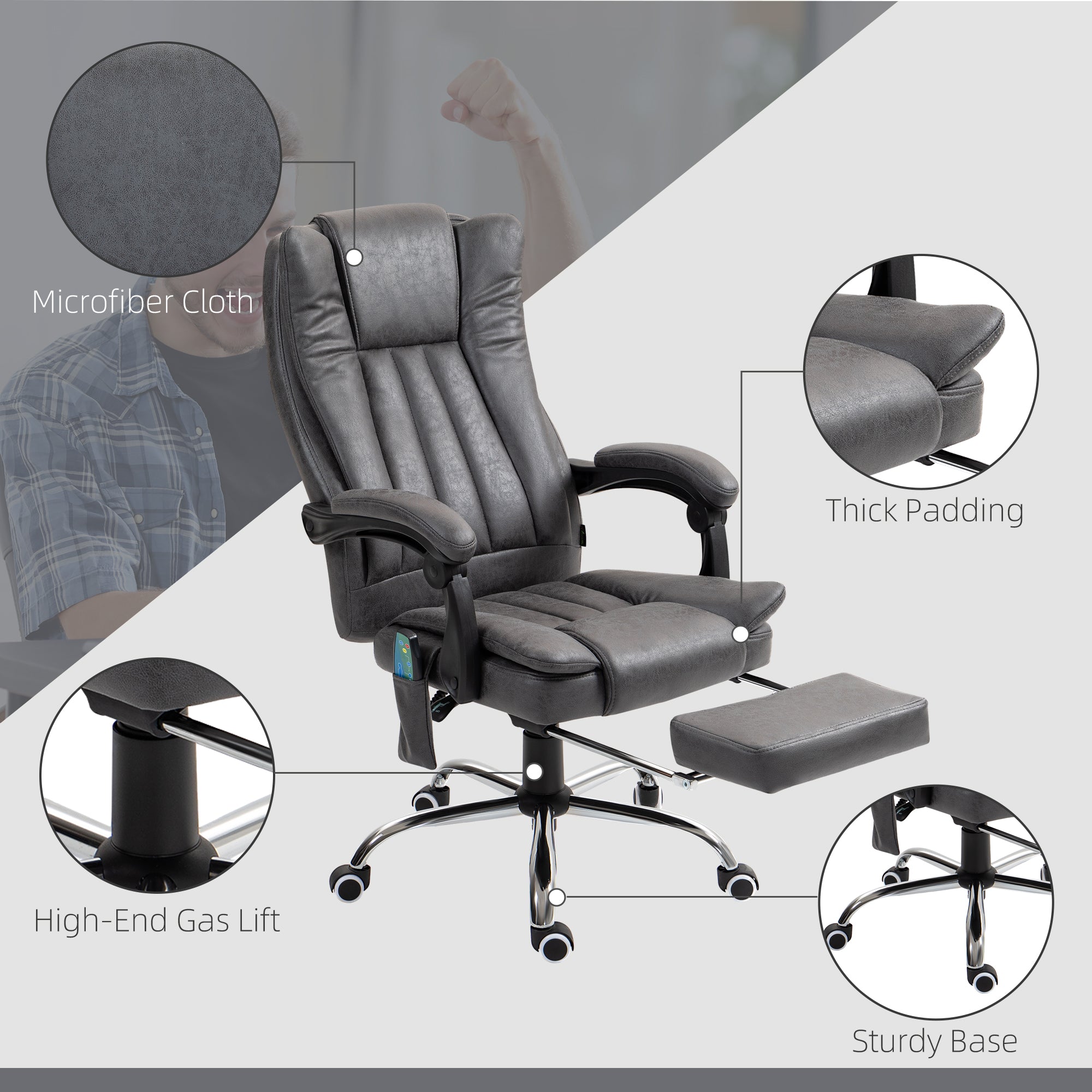 Vinsetto Office Chair with Massage and Heat, Microfibre Reclining Computer Desk Chair with Footrest and Adjustable Height, Swivel Wheels for Home Office, Charcoal Grey
