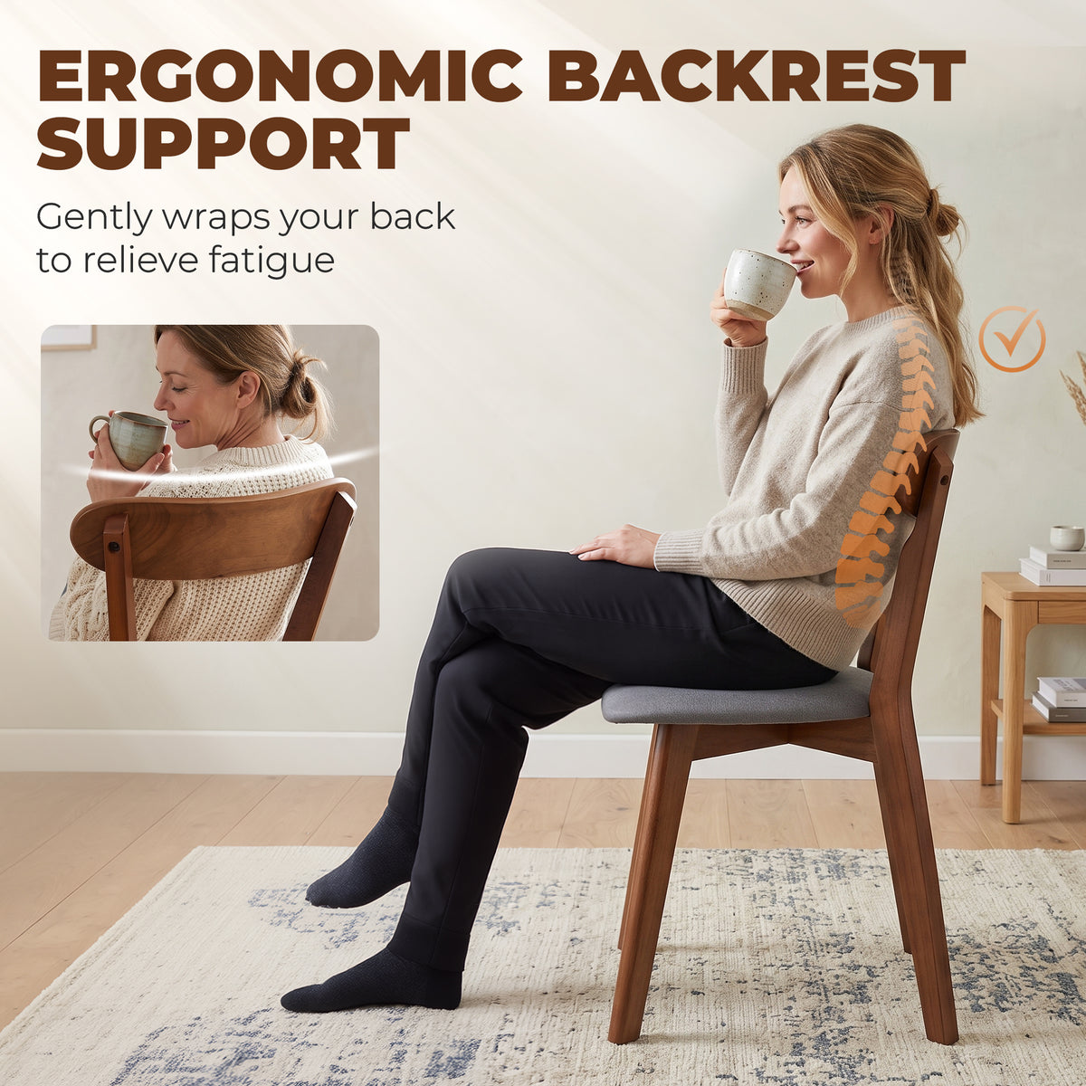 Dining Chairs Set of 2, Mid-Century Modern Upholstered Kitchen Chairs with Rubberwood Legs, Curved Backrest, Cushioned Seat for Dining Room, Living Room, Grey and Brown