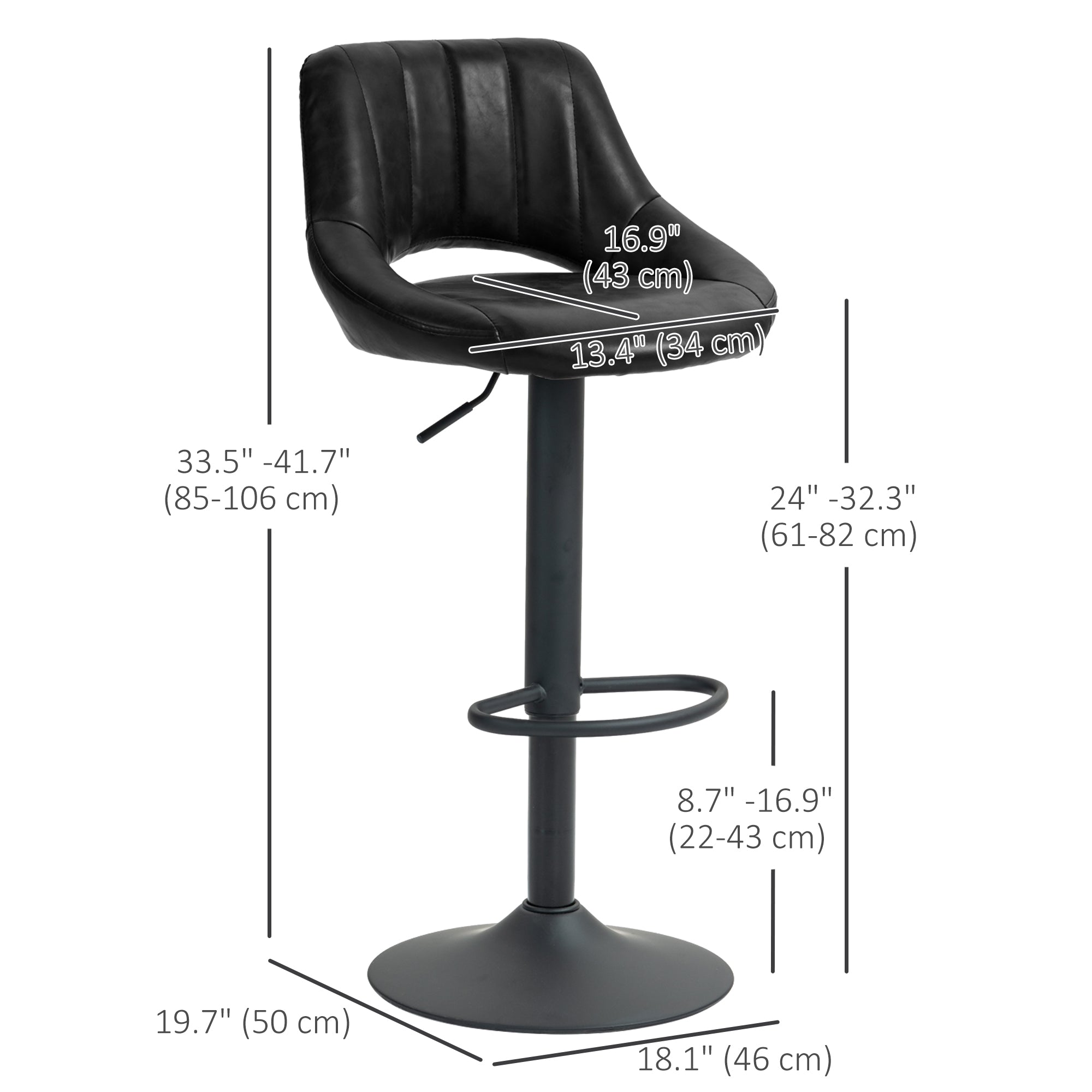 HOMCOM Bar Stools Set of 2, Swivel Counter Height Barstools with Adjustable Height, Faux Leather Upholstered Bar Chairs with Round Metal Base and Footrest, Black