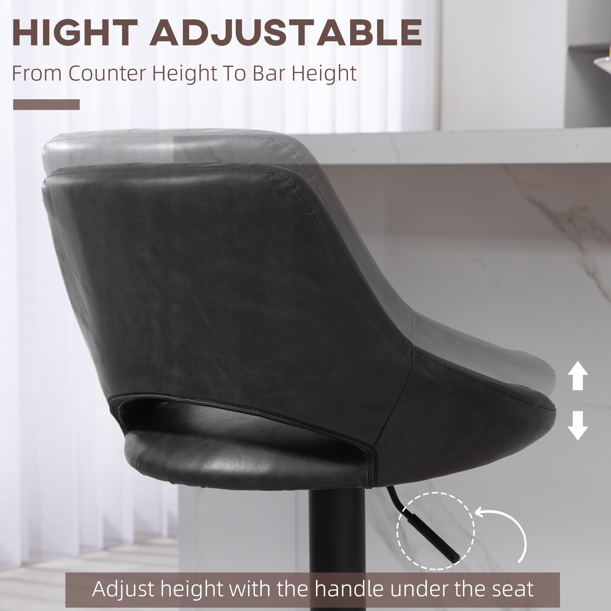 HOMCOM Bar Stools Set of 2, Swivel Counter Height Barstools with Adjustable Height, Faux Leather Upholstered Bar Chairs with Round Metal Base and Footrest, Black