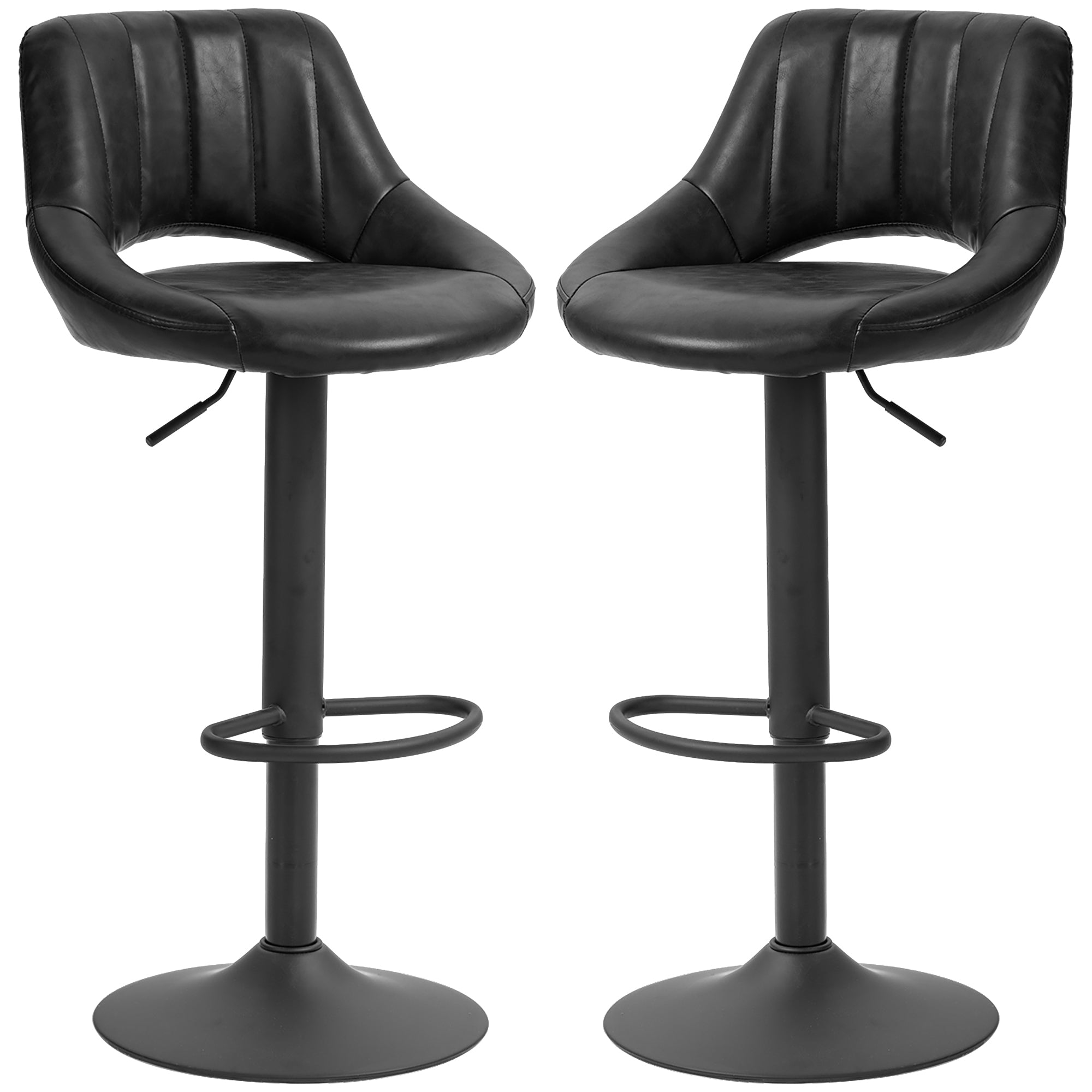 HOMCOM Bar Stools Set of 2, Swivel Counter Height Barstools with Adjustable Height, Faux Leather Upholstered Bar Chairs with Round Metal Base and Footrest, Black