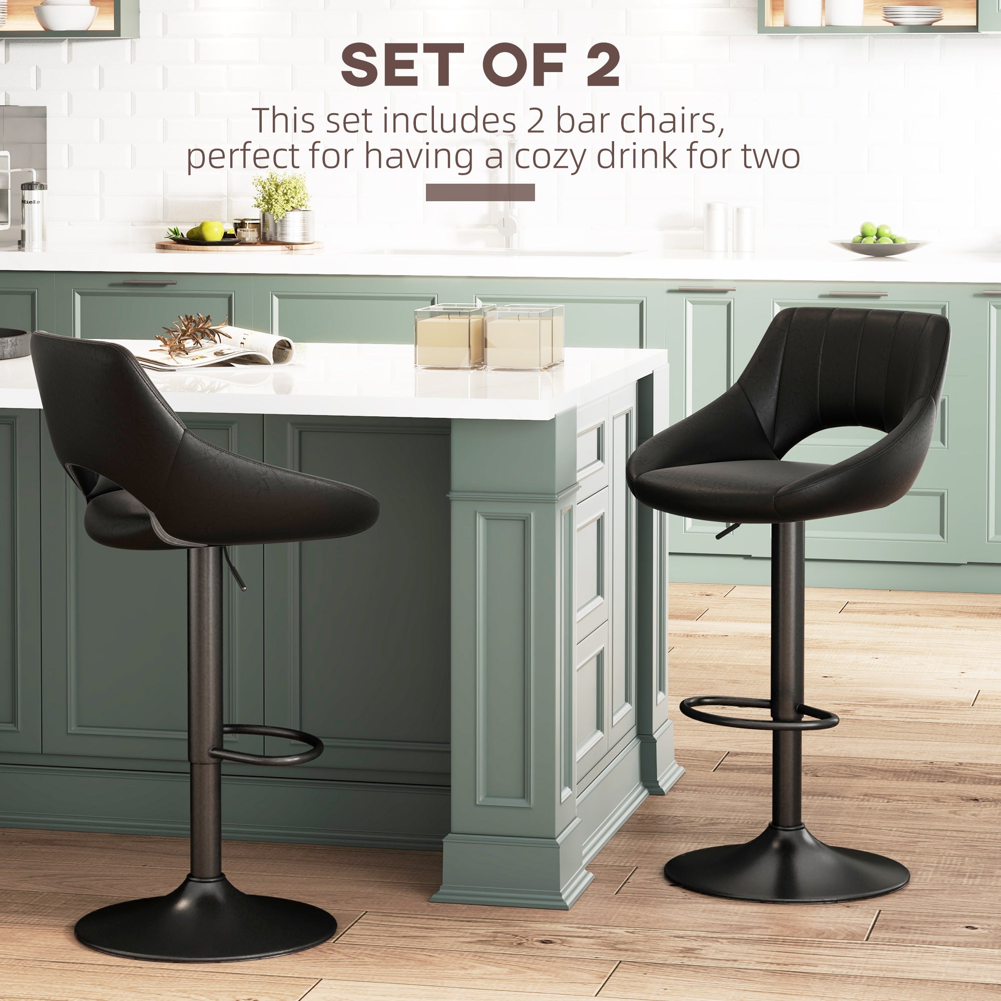 HOMCOM Bar Stools Set of 2, Swivel Counter Height Barstools with Adjustable Height, Faux Leather Upholstered Bar Chairs with Round Metal Base and Footrest, Black