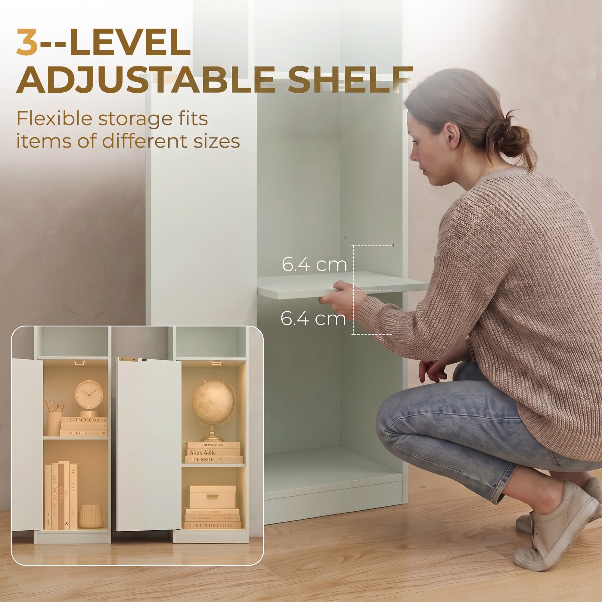 Bookcase, 6-Tier Tall Bookshelf, Open Book Shelf with Storage Cabinet and Adjustable Shelf, Anti-Tip Hardware for Living Room, Bedroom, Home Office, Light Green