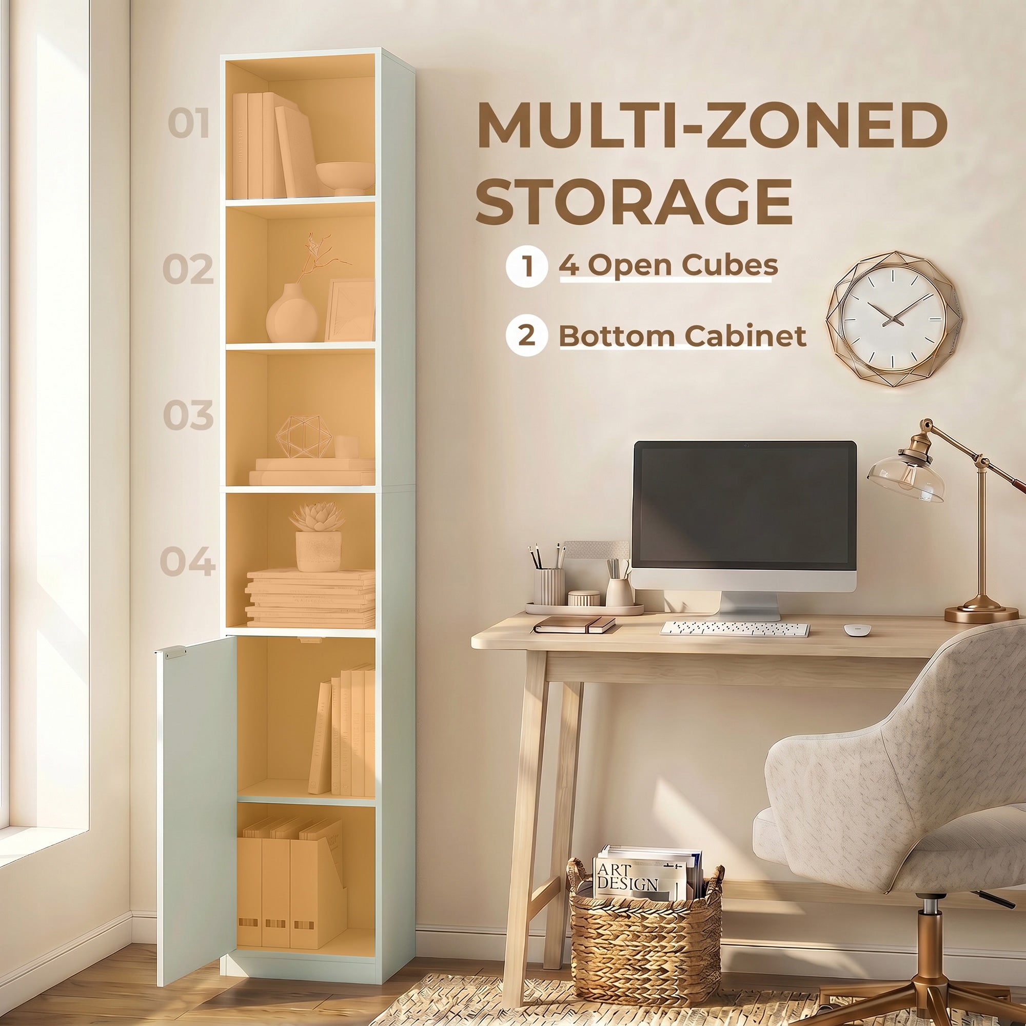 Bookcase, 6-Tier Tall Bookshelf, Open Book Shelf with Storage Cabinet and Adjustable Shelf, Anti-Tip Hardware for Living Room, Bedroom, Home Office, Light Green