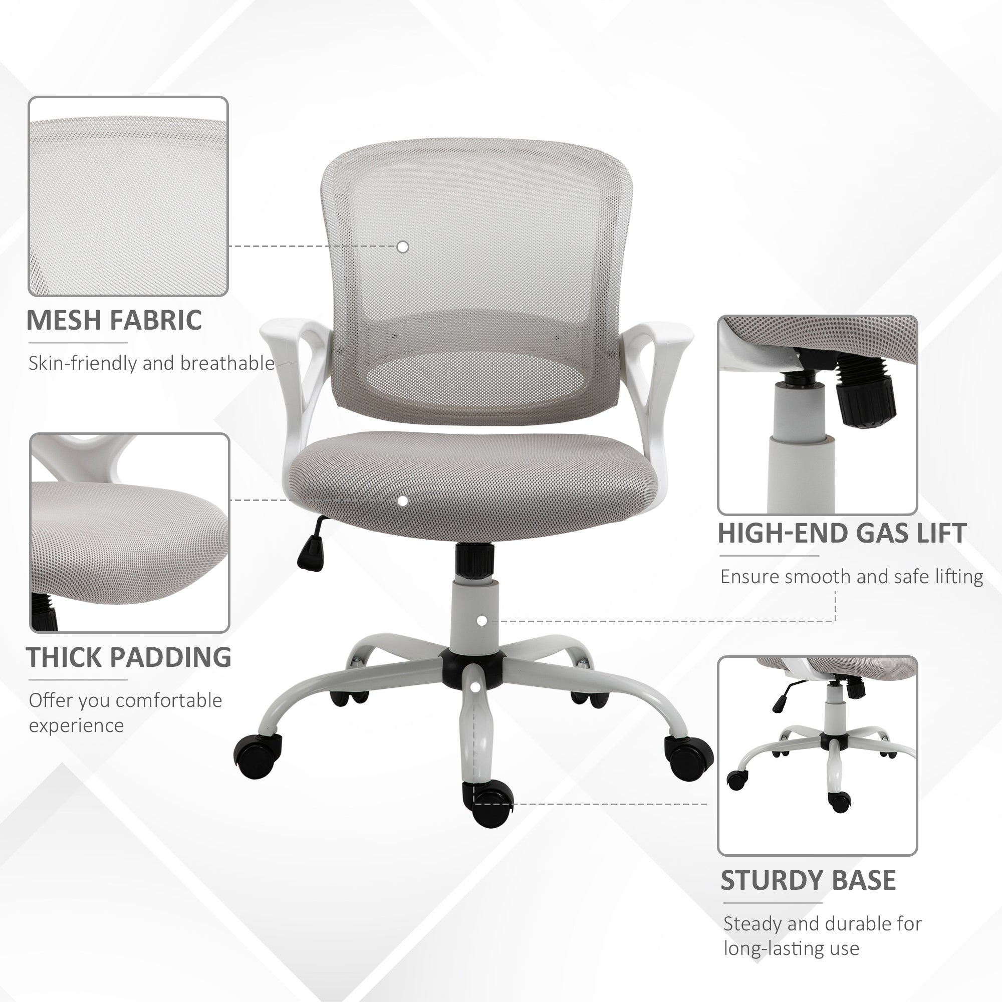Ergonomic Mesh Office Chair, Swivel Mid Back Computer Desk Chair with Lumbar Back Support, Adjustable Height, Rocking Function, Rolling Wheels, for Home Office Study, Gray