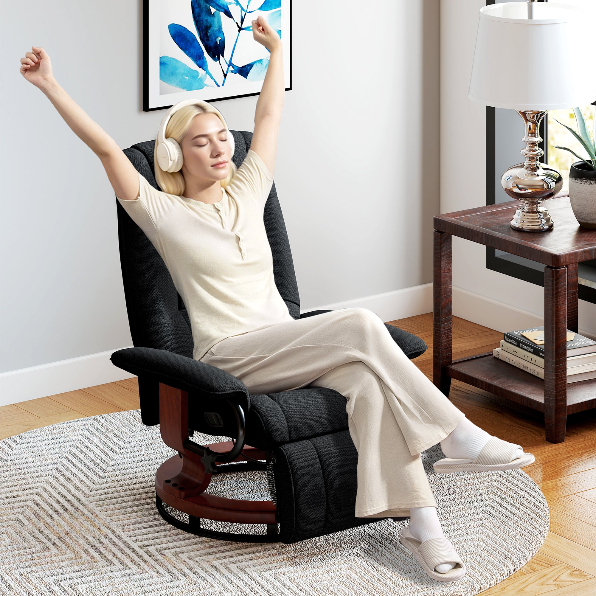 360° Swivel Recliner Chair with Footstool, Manual Recliner Armchair with Wooden Base, Linen-Like Upholstered Reclining Chair for Living Room, Bedroom, Office, Black