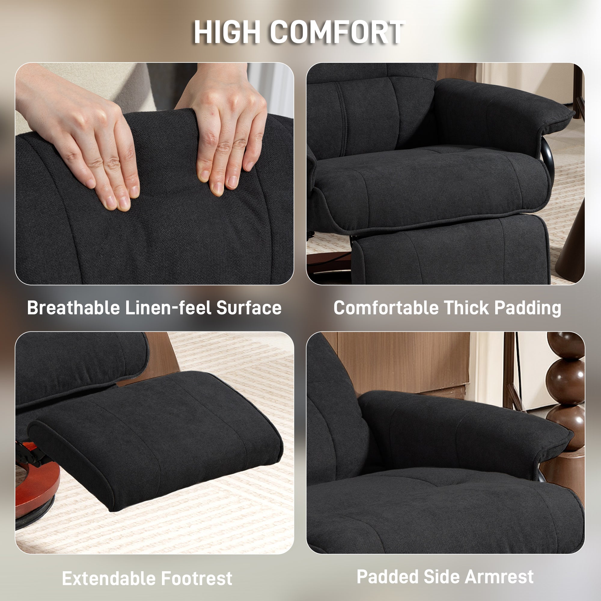 360° Swivel Recliner Chair with Footstool, Manual Recliner Armchair with Wooden Base, Linen-Like Upholstered Reclining Chair for Living Room, Bedroom, Office, Black