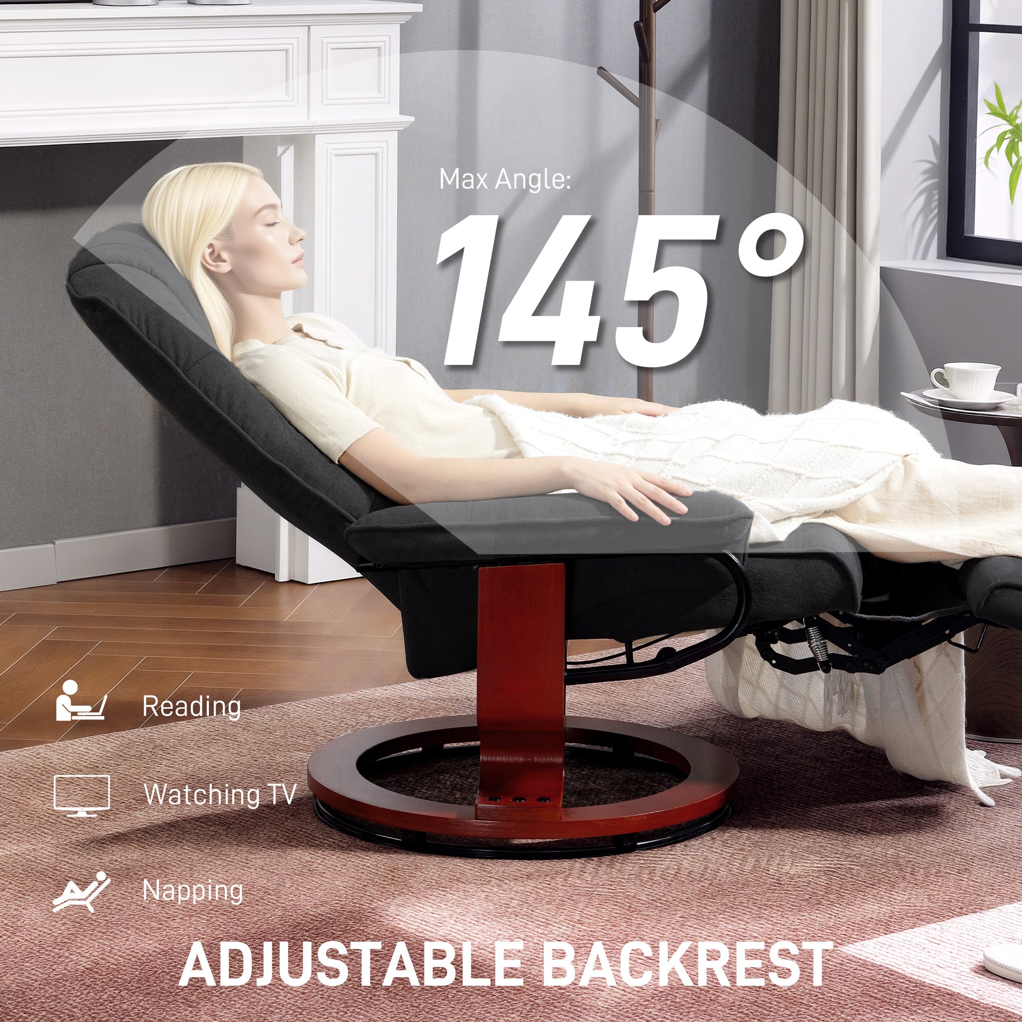 360° Swivel Recliner Chair with Footstool, Manual Recliner Armchair with Wooden Base, Linen-Like Upholstered Reclining Chair for Living Room, Bedroom, Office, Black