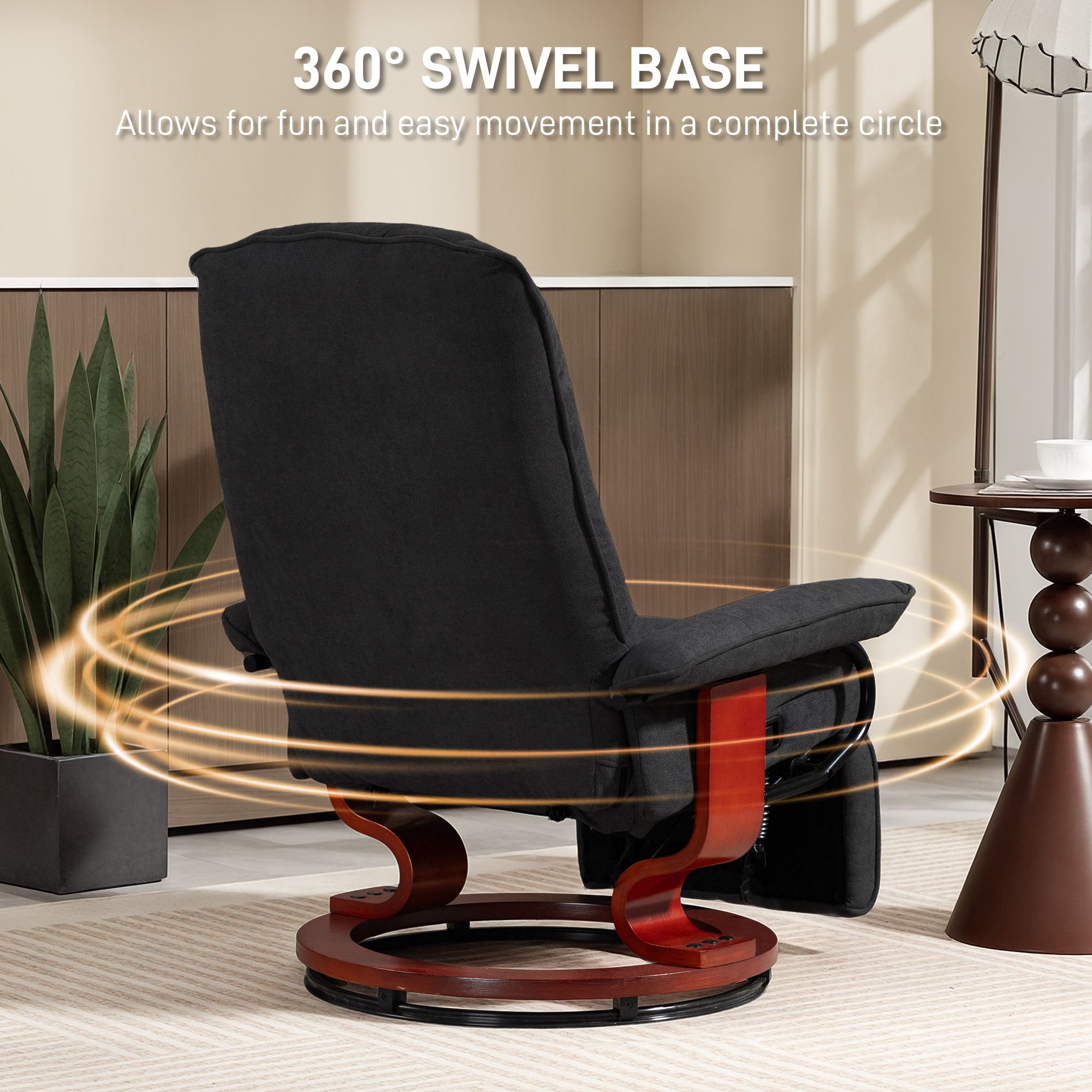 360° Swivel Recliner Chair with Footstool, Manual Recliner Armchair with Wooden Base, Linen-Like Upholstered Reclining Chair for Living Room, Bedroom, Office, Black