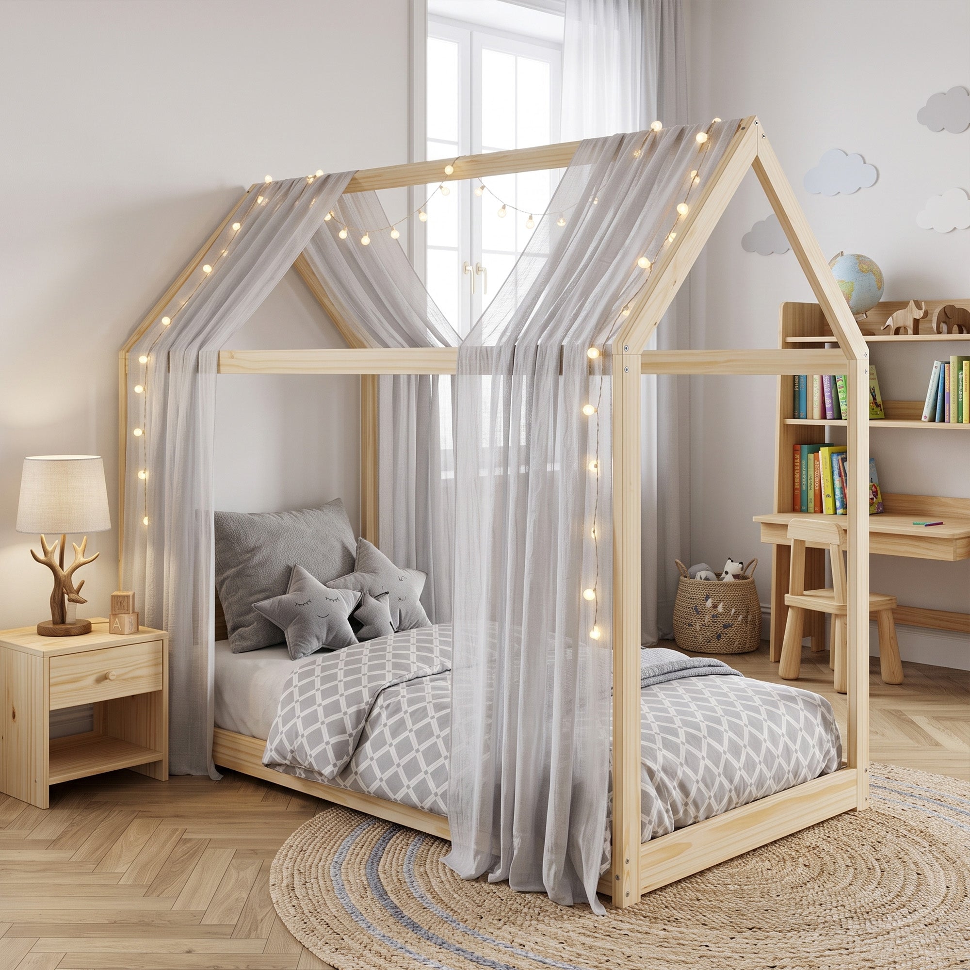 Single Bed Frame, House Scandinavian Style Wooden Bed Frame for 90W x 190Dcm Mattress, Pine Wood Bed Base, Natural Wood Finish