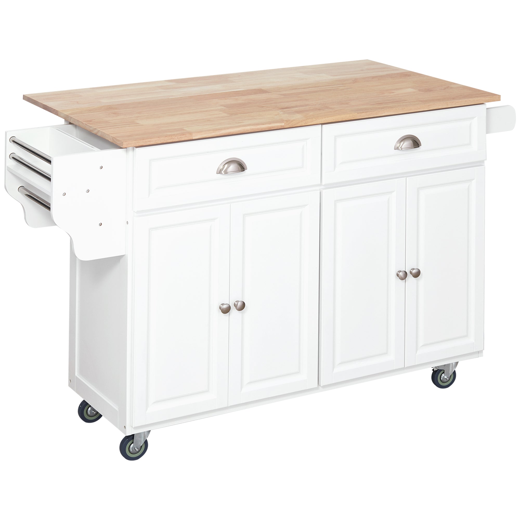 Rolling Kitchen Island, Drop Leaf Kitchen Cart on Wheels with Storage Drawers, White