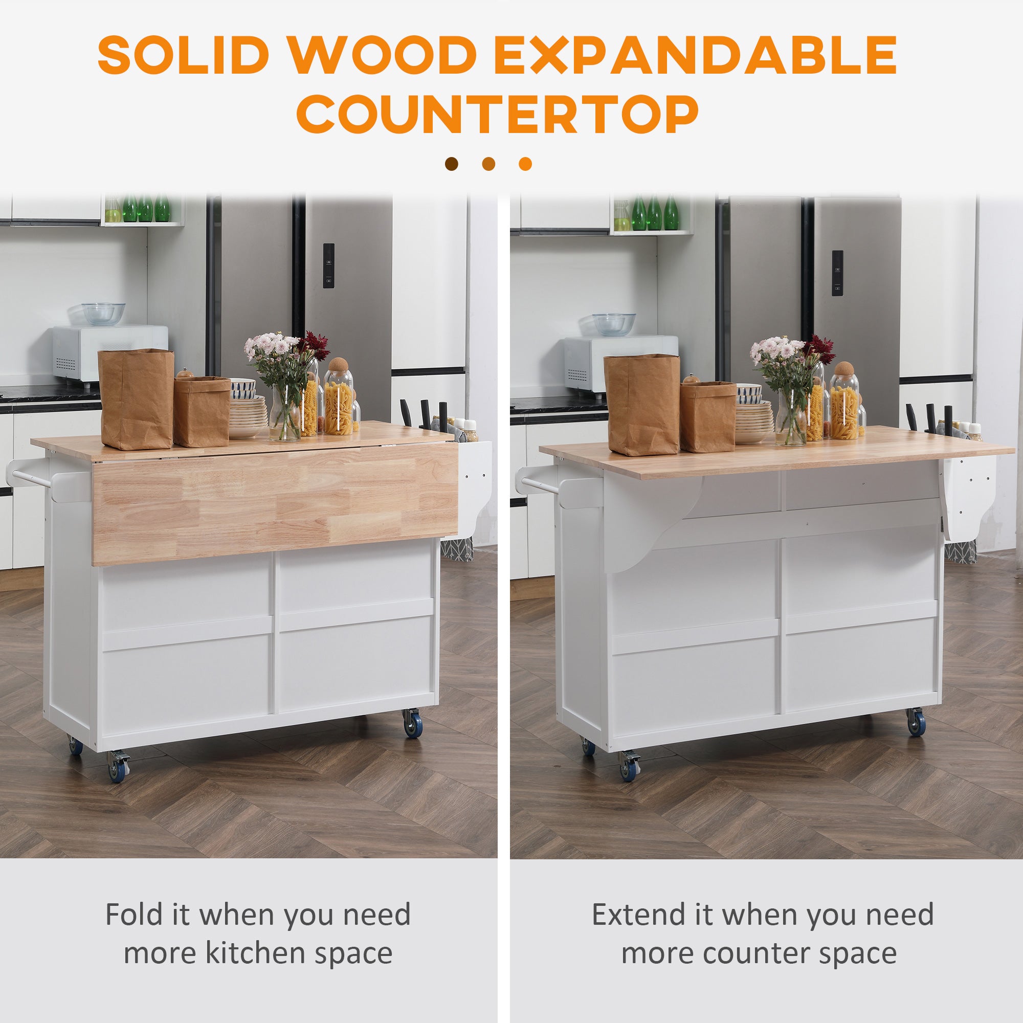 Rolling Kitchen Island, Drop Leaf Kitchen Cart on Wheels with Storage Drawers, White